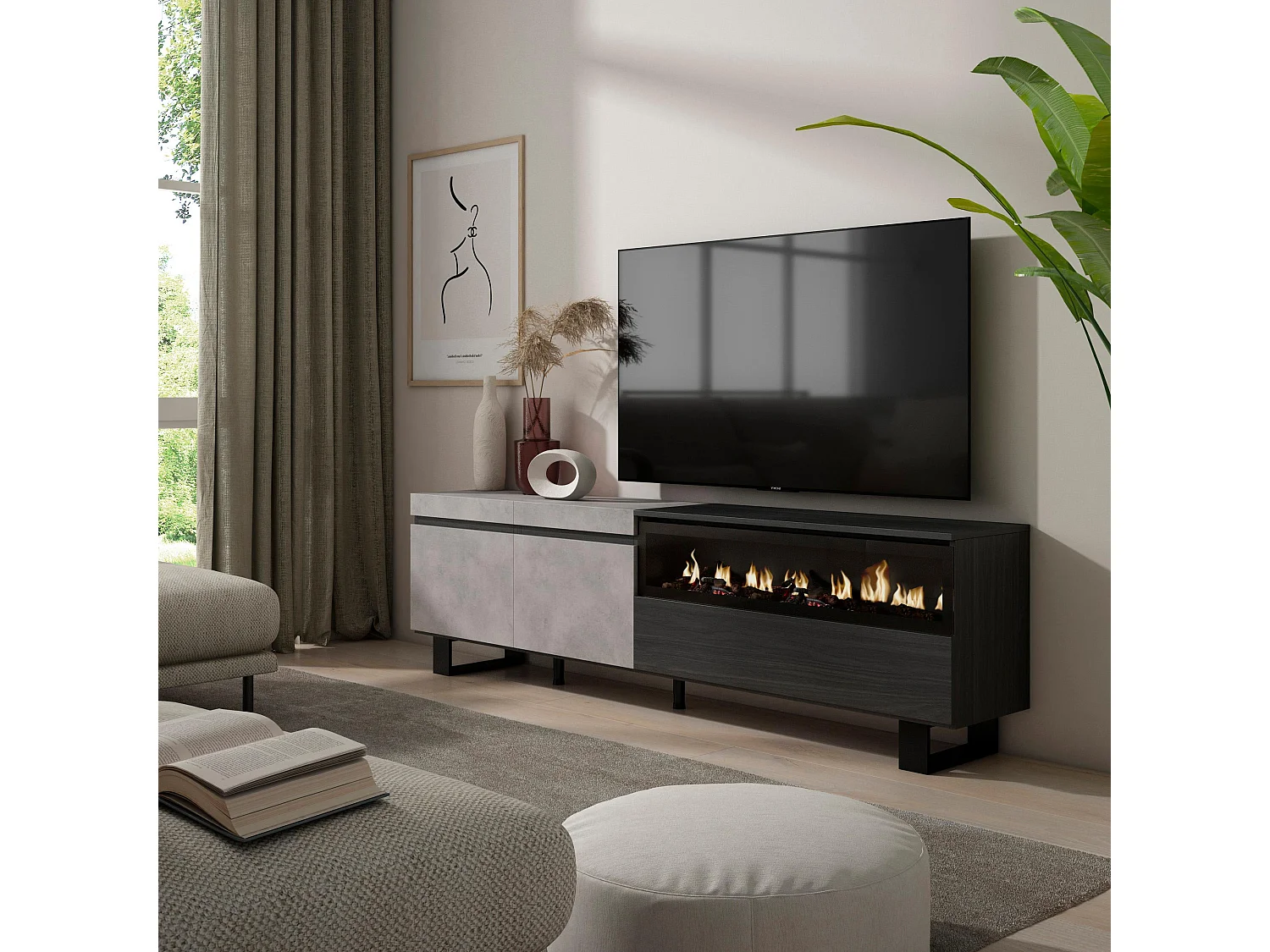 TV-Meubel, Lowboard, 200x35x57cm, Voor tv's tot 80", Elektrische haard, Industrieel design, Cement