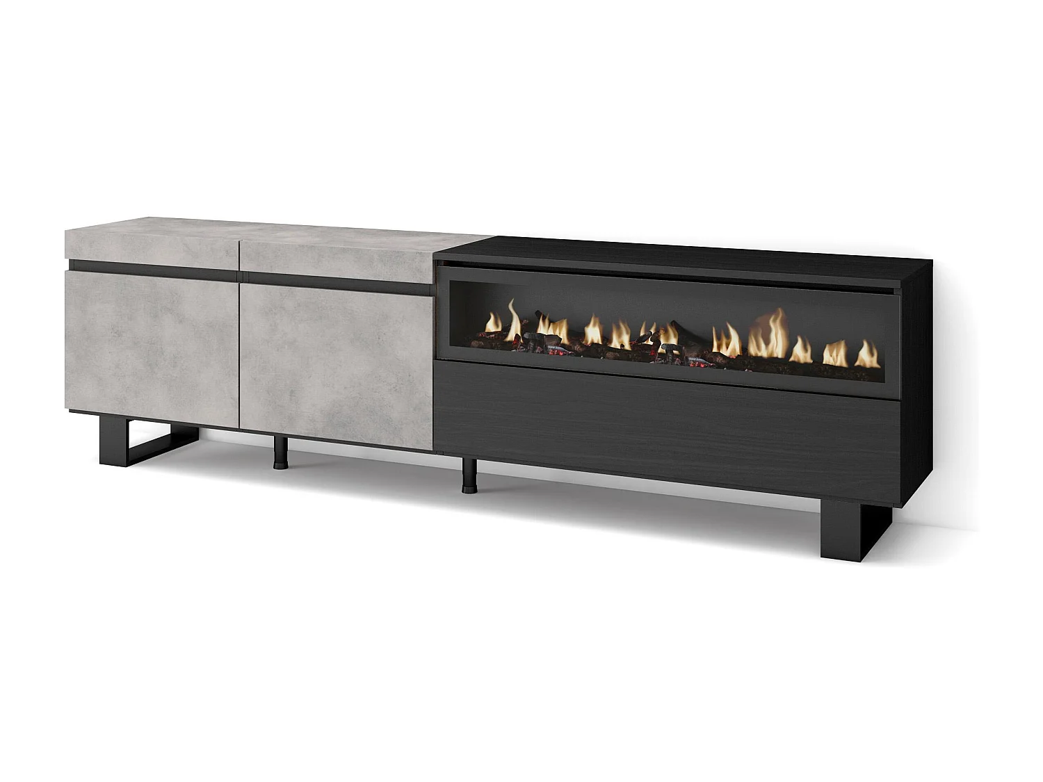 TV-Meubel, Lowboard, 200x35x57cm, Voor tv's tot 80", Elektrische haard, Industrieel design, Cement