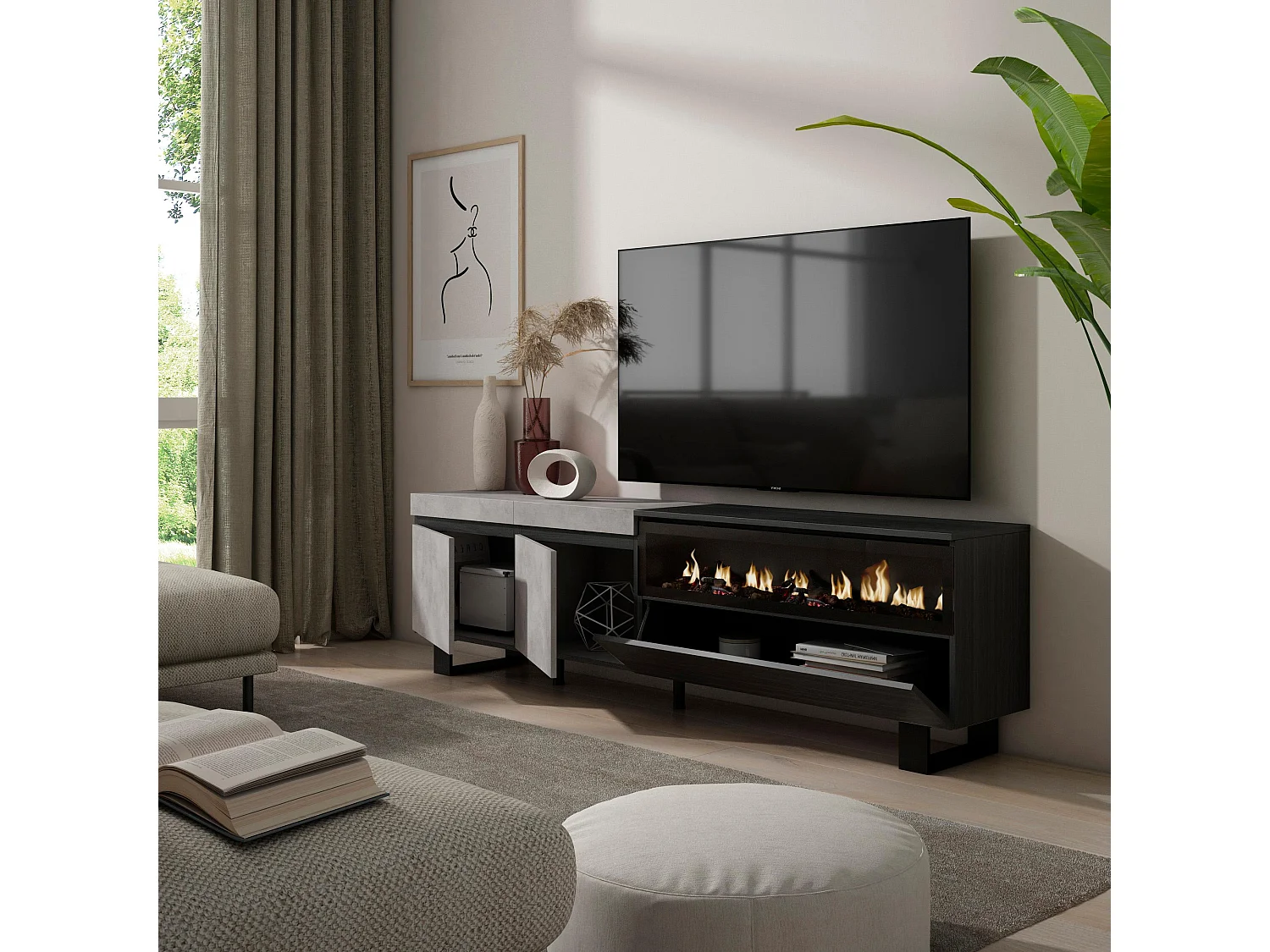 TV-Meubel, Lowboard, 200x35x57cm, Voor tv's tot 80", Elektrische haard, Industrieel design, Cement