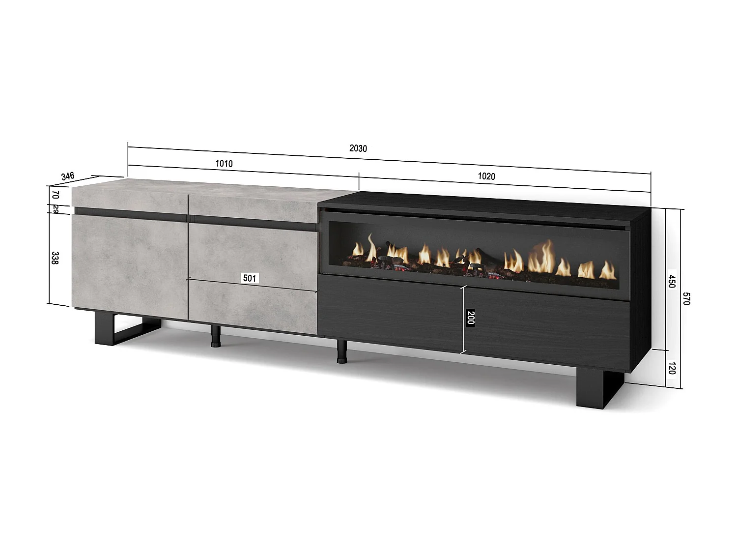 TV-Meubel, Lowboard, 200x35x57cm, Voor tv's tot 80", Elektrische haard, Industrieel design, Cement