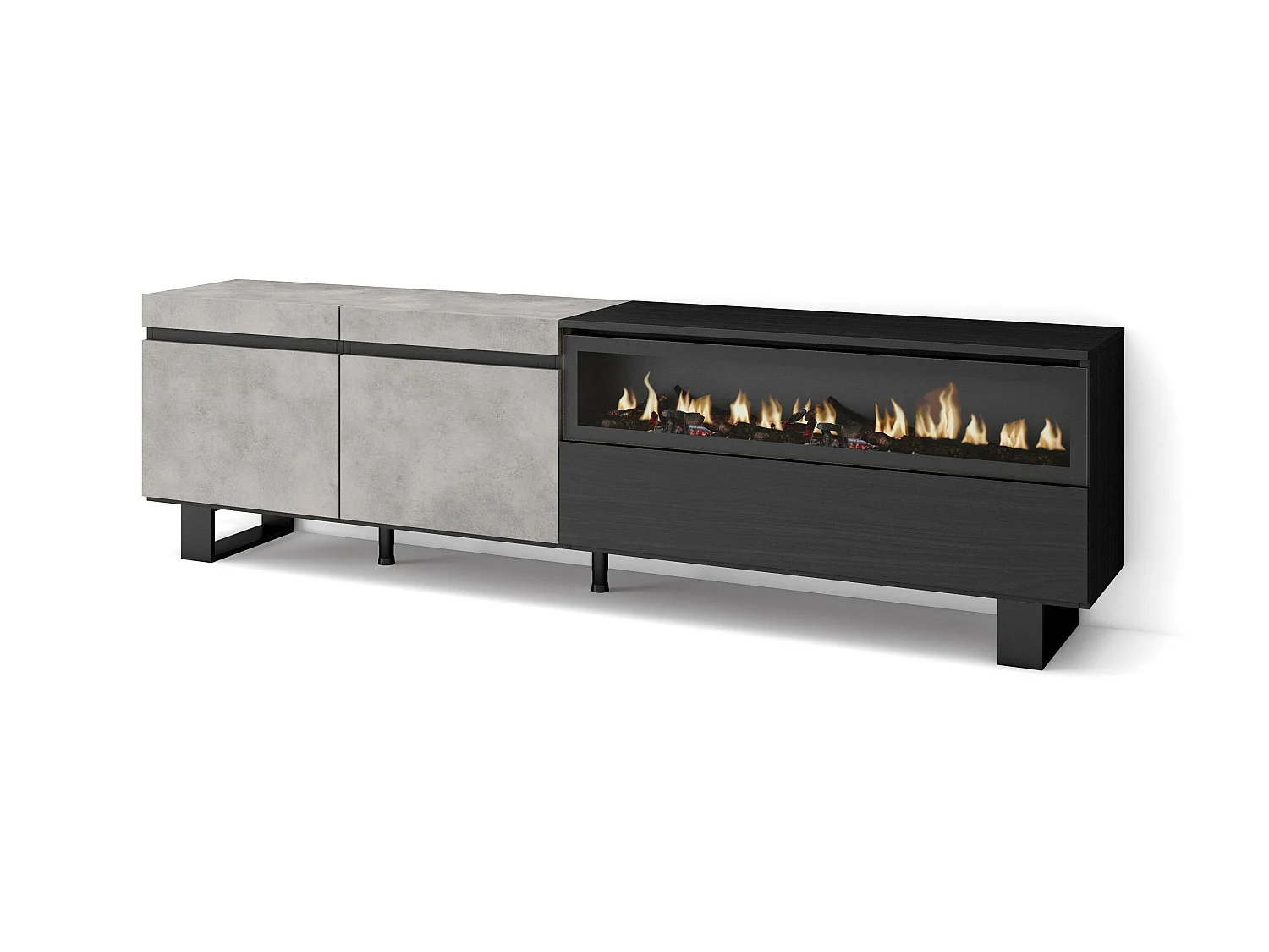 Meuble TV, Banc Télé, 200x35x57cm, Pour les TV jusqu'à 80", Cheminée électrique, Design industriel, Ciment