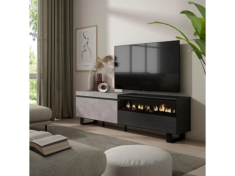 TV-Schrank, Lowboard, 200x35x57cm, Für TV-Geräte bis zu 80", Elektrokamin, Industriedesign, Zement