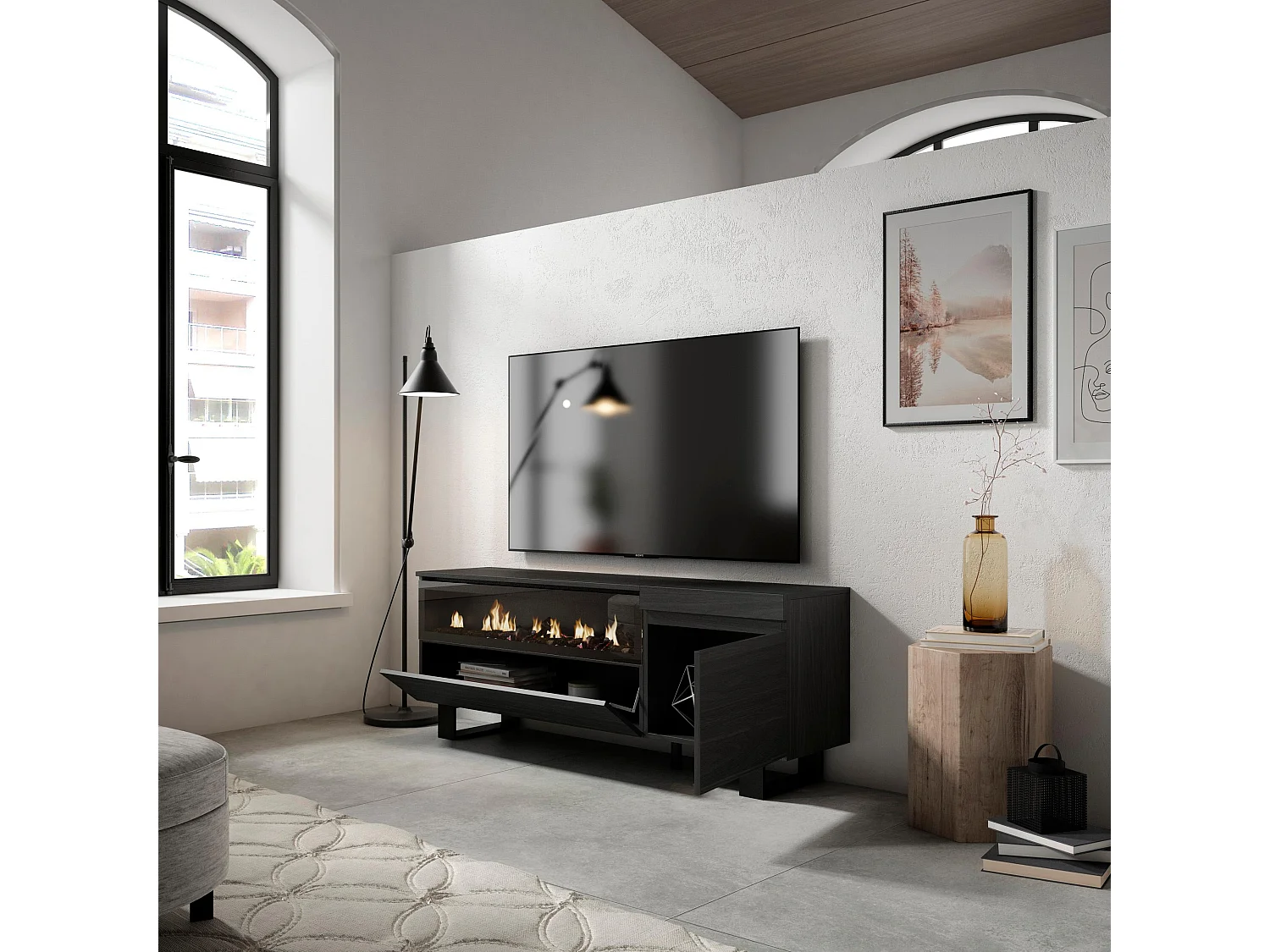 TV-Meubel, Lowboard, 150x35x57cm, Voor tv's tot 65", Elektrische haard, Industrieel design, Zwart