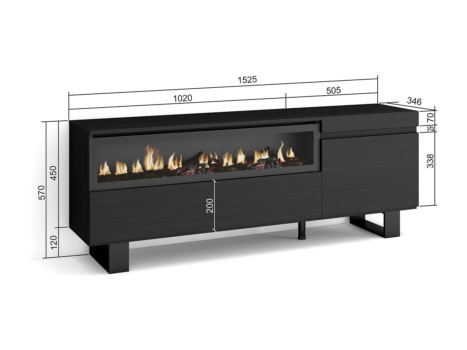 TV-Meubel, Lowboard, 150x35x57cm, Voor tv's tot 65", Elektrische haard, Industrieel design, Zwart