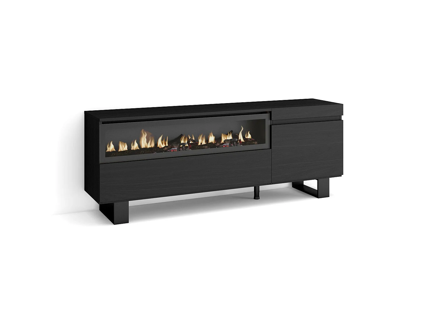 Meuble TV, Banc Télé, 150x35x57cm, Pour les TV jusqu'à 65", Cheminée électrique, Design industriel, Noir