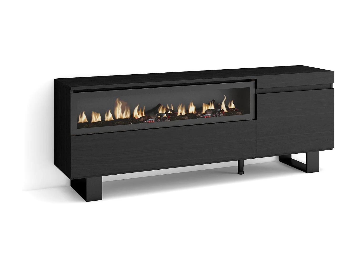 Meuble TV, Banc Télé, 150x35x57cm, Pour les TV jusqu'à 65", Cheminée électrique, Design industriel, Noir