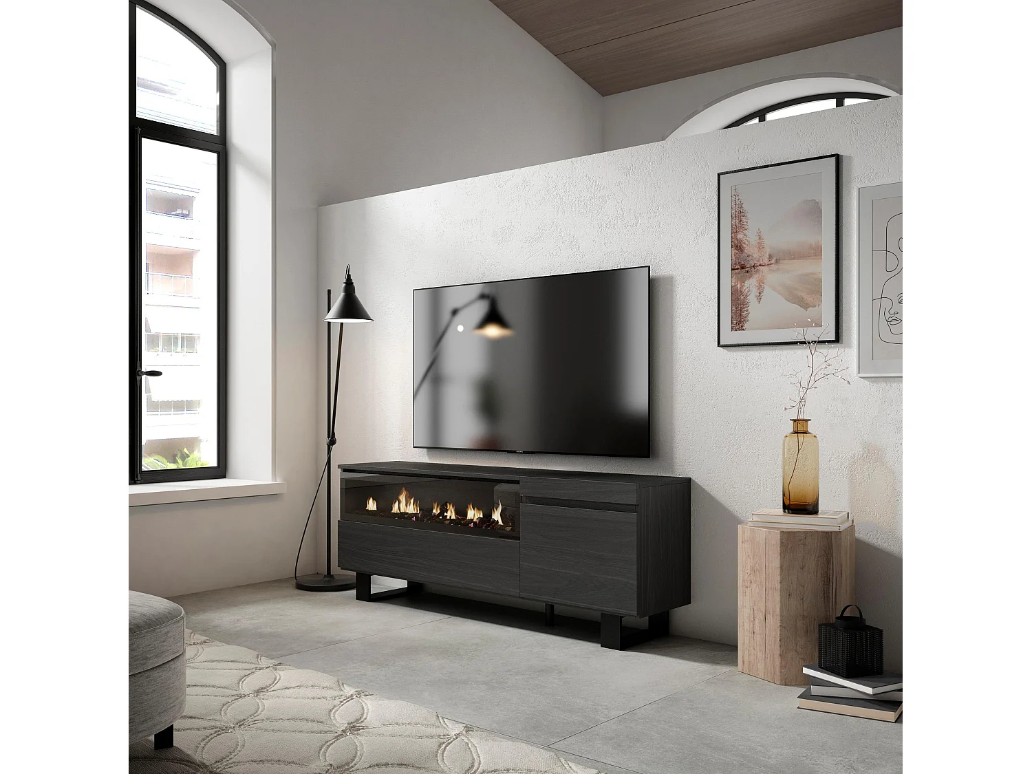 Meuble TV, Banc Télé, 150x35x57cm, Pour les TV jusqu'à 65", Cheminée électrique, Design industriel, Noir