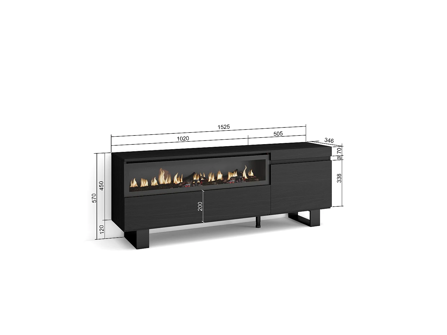 Meuble TV, Banc Télé, 150x35x57cm, Pour les TV jusqu'à 65", Cheminée électrique, Design industriel, Noir