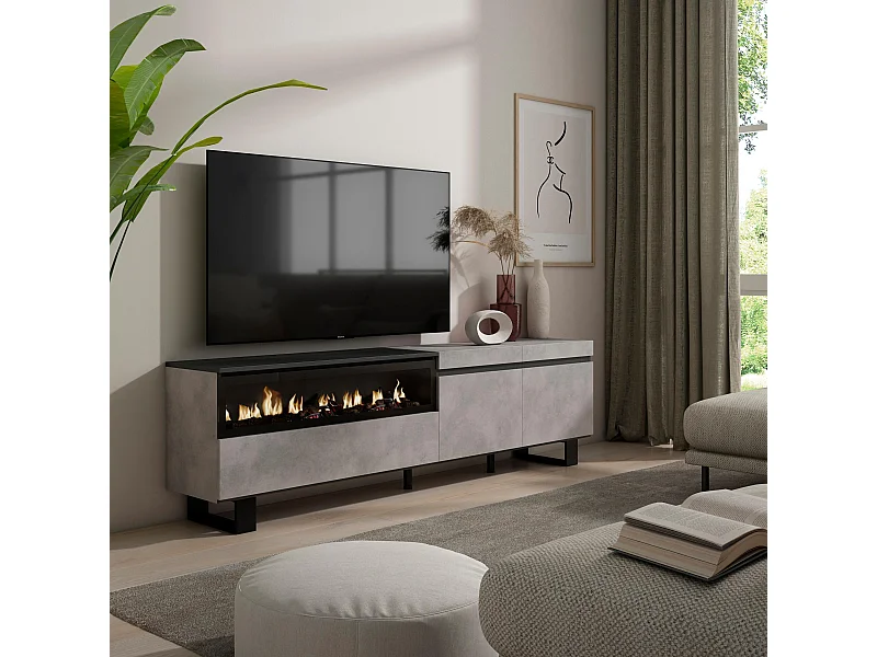 Mobile TV Soggiorno, 200x35x57cm, Per TV fino a 80", Camino elettrico, Design industriale, Cemento