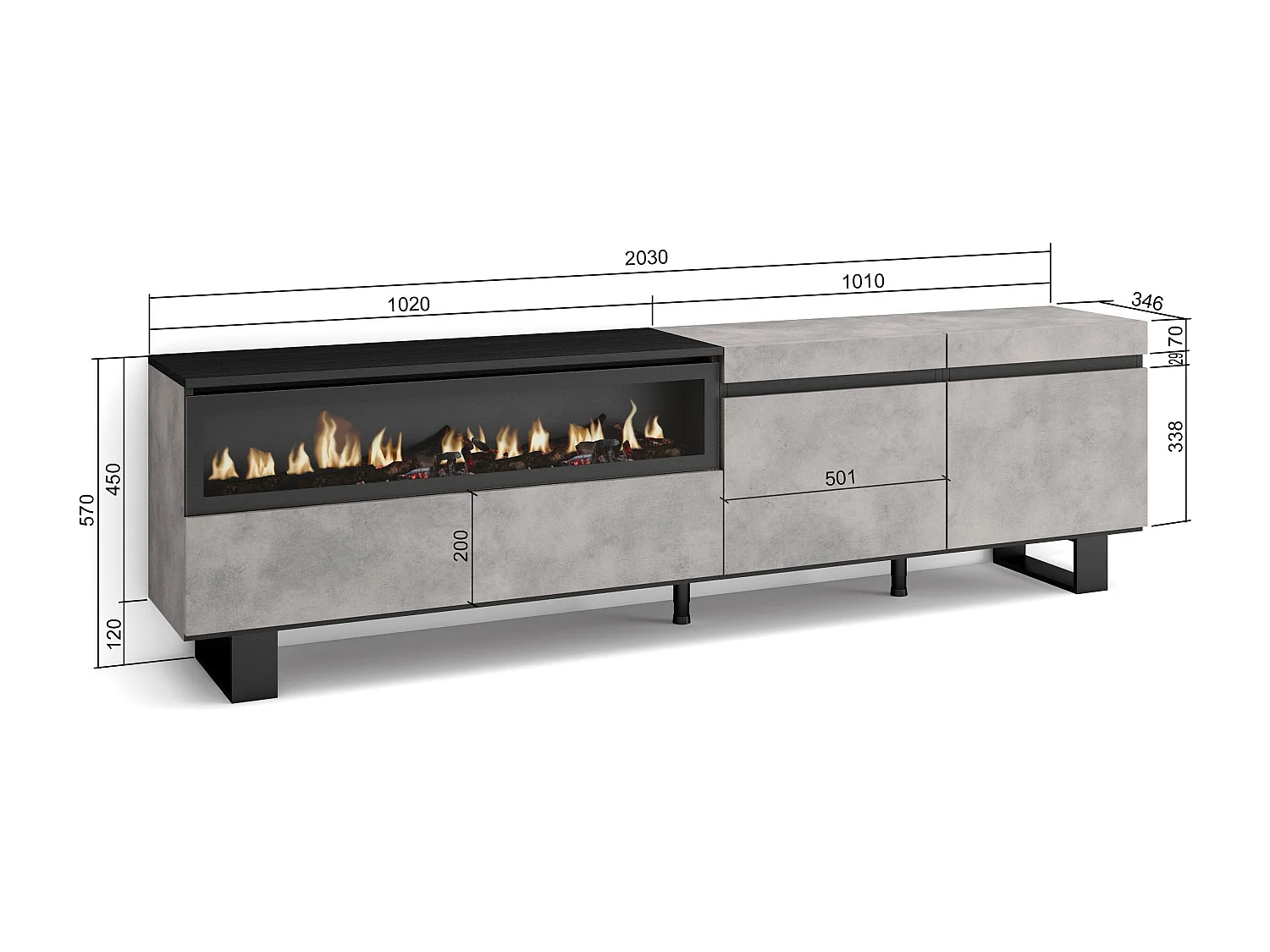 Meuble TV, Banc Télé, 200x35x57cm, Pour les TV jusqu'à 80", Cheminée électrique, Design industriel, Ciment
