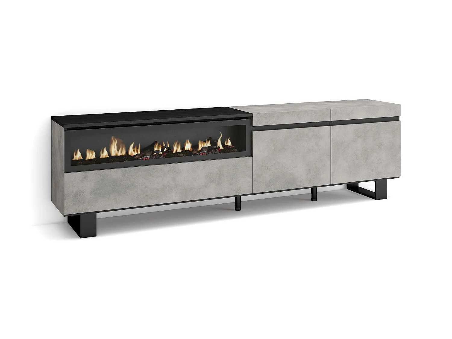 Meuble TV, Banc Télé, 200x35x57cm, Pour les TV jusqu'à 80", Cheminée électrique, Design industriel, Ciment