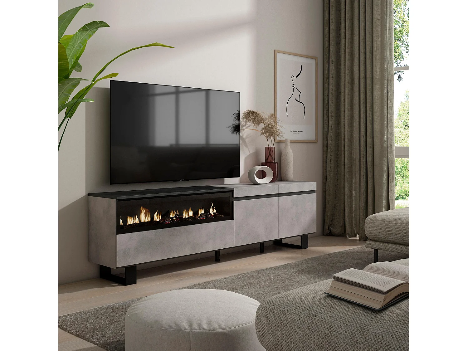 Meuble TV, Banc Télé, 200x35x57cm, Pour les TV jusqu'à 80", Cheminée électrique, Design industriel, Ciment