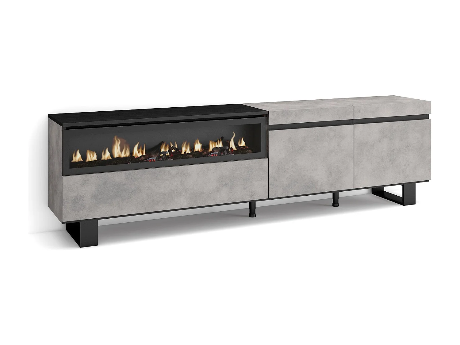 Meuble TV, Banc Télé, 200x35x57cm, Pour les TV jusqu'à 80", Cheminée électrique, Design industriel, Ciment