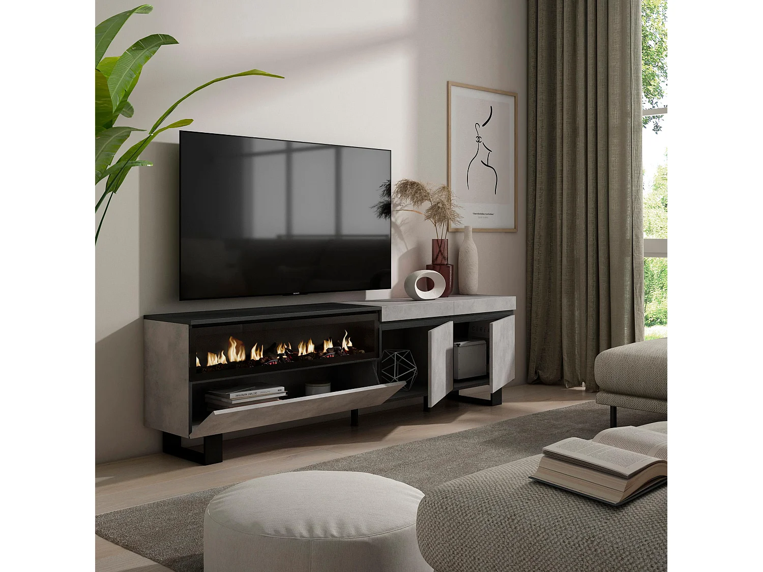 Meuble TV, Banc Télé, 200x35x57cm, Pour les TV jusqu'à 80", Cheminée électrique, Design industriel, Ciment