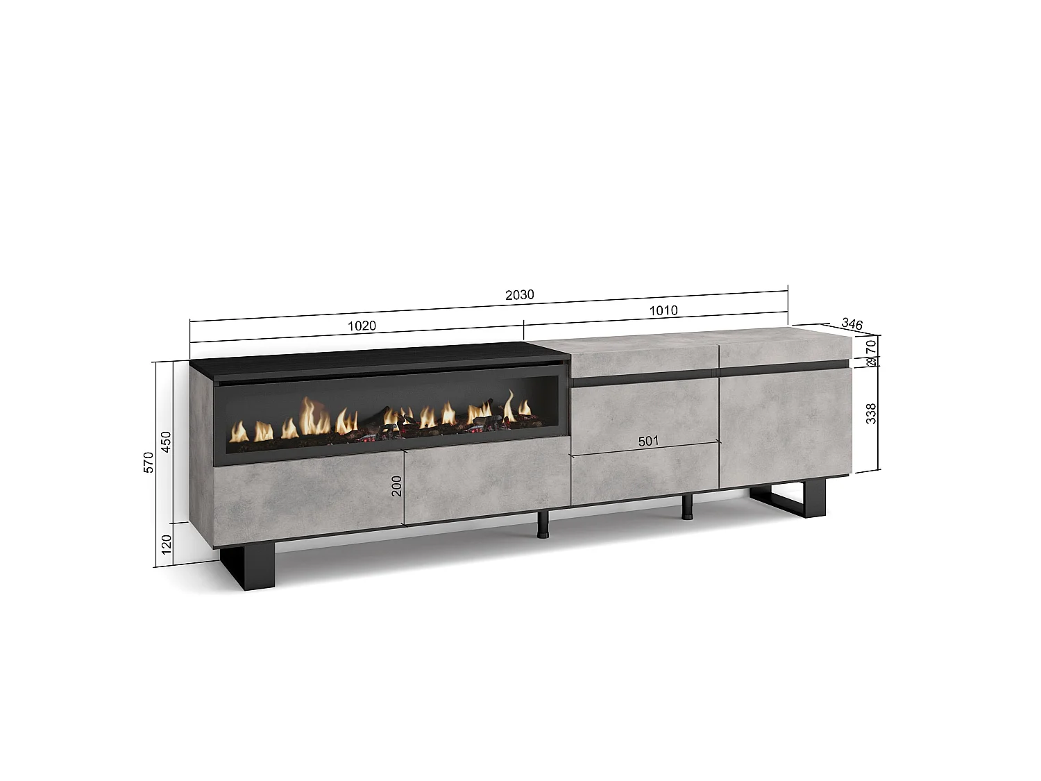 Meuble TV, Banc Télé, 200x35x57cm, Pour les TV jusqu'à 80", Cheminée électrique, Design industriel, Ciment