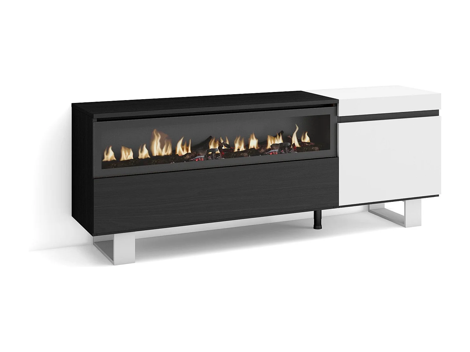 TV-Schrank, Lowboard, 150x35x57cm, Für TV-Geräte bis zu 65", Elektrokamin. , Industriedesign, Weiß und Schwarz