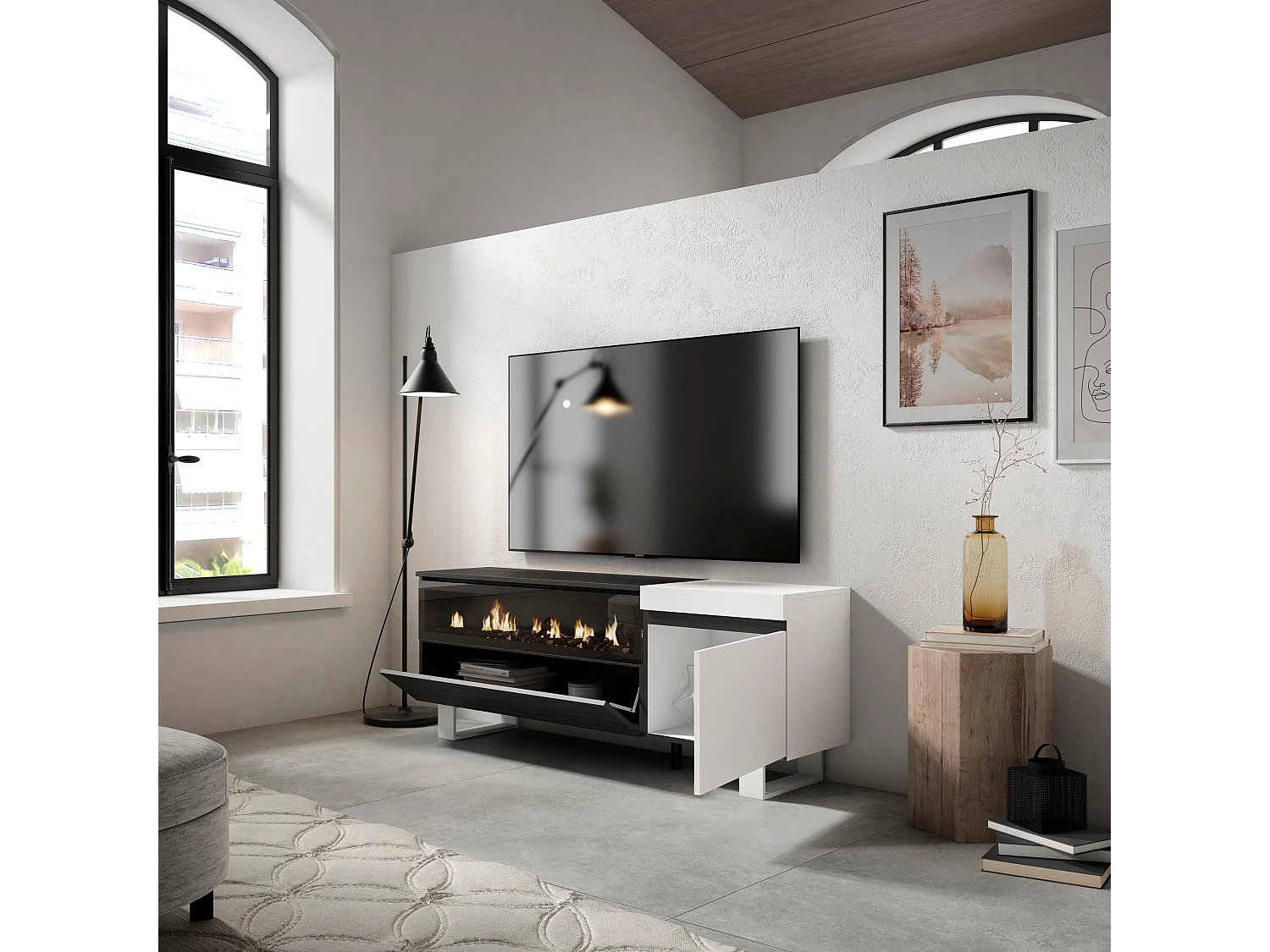 TV-Schrank, Lowboard, 150x35x57cm, Für TV-Geräte bis zu 65", Elektrokamin. , Industriedesign, Weiß und Schwarz