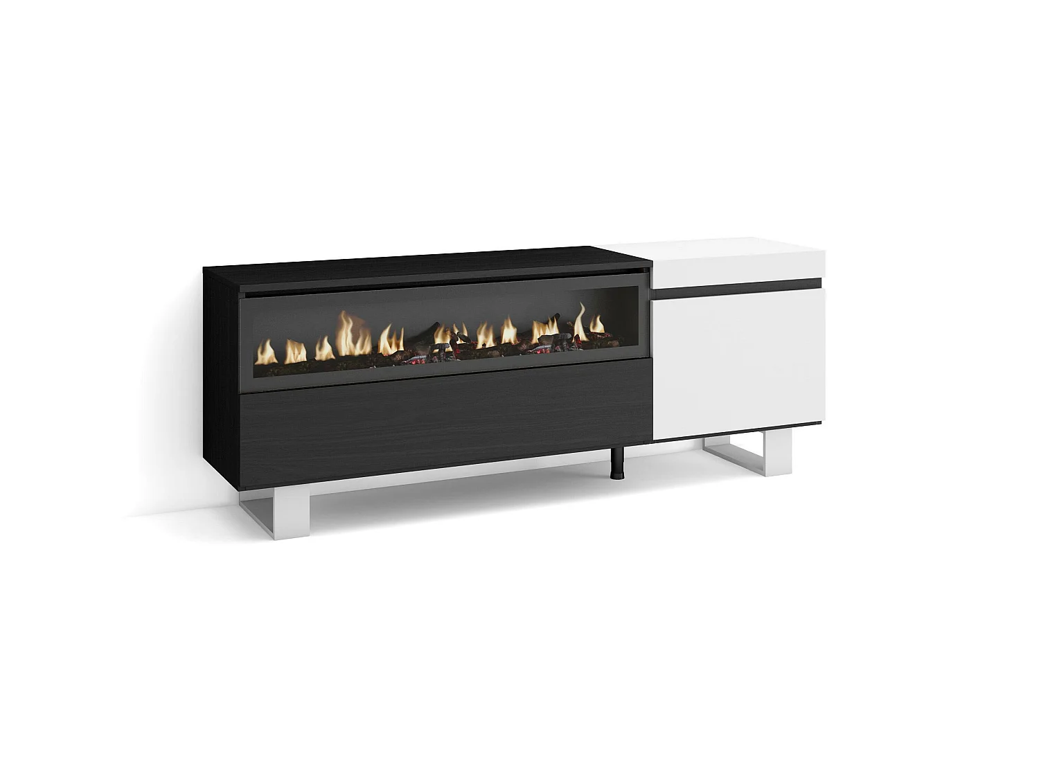 Meuble TV, Banc Télé, 150x35x57cm, Pour les TV jusqu'à 65", Cheminée électrique, Design industriel, Blanc et noir
