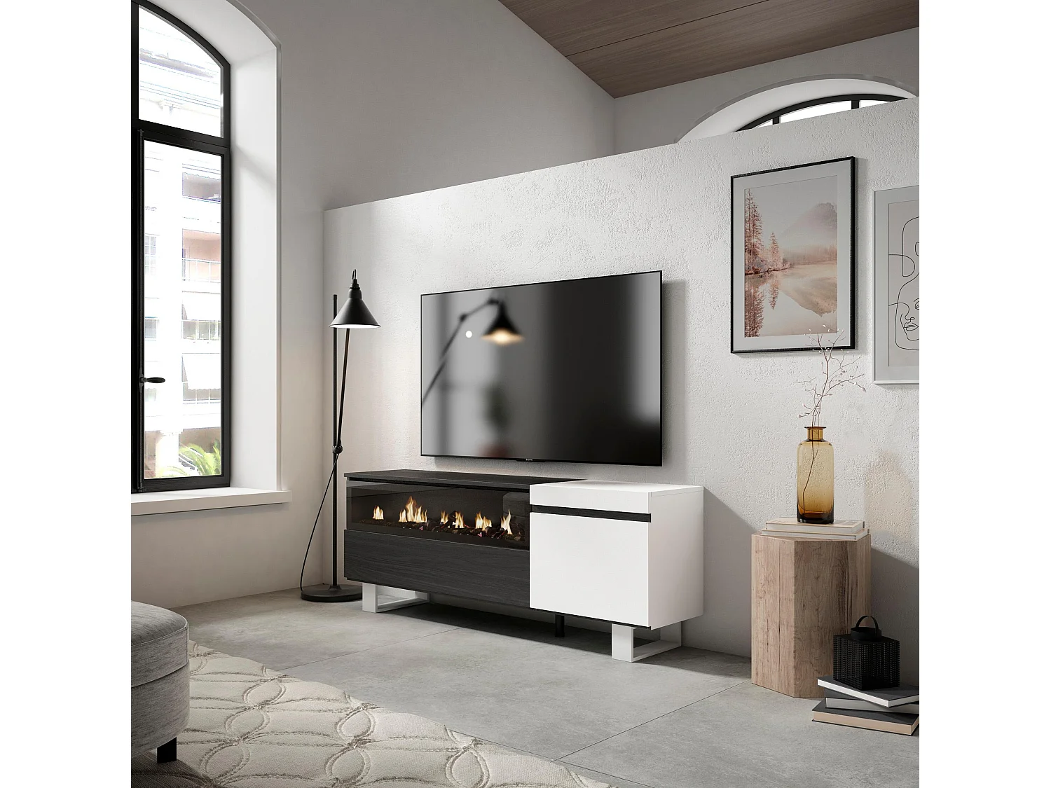 Meuble TV, Banc Télé, 150x35x57cm, Pour les TV jusqu'à 65", Cheminée électrique, Design industriel, Blanc et noir