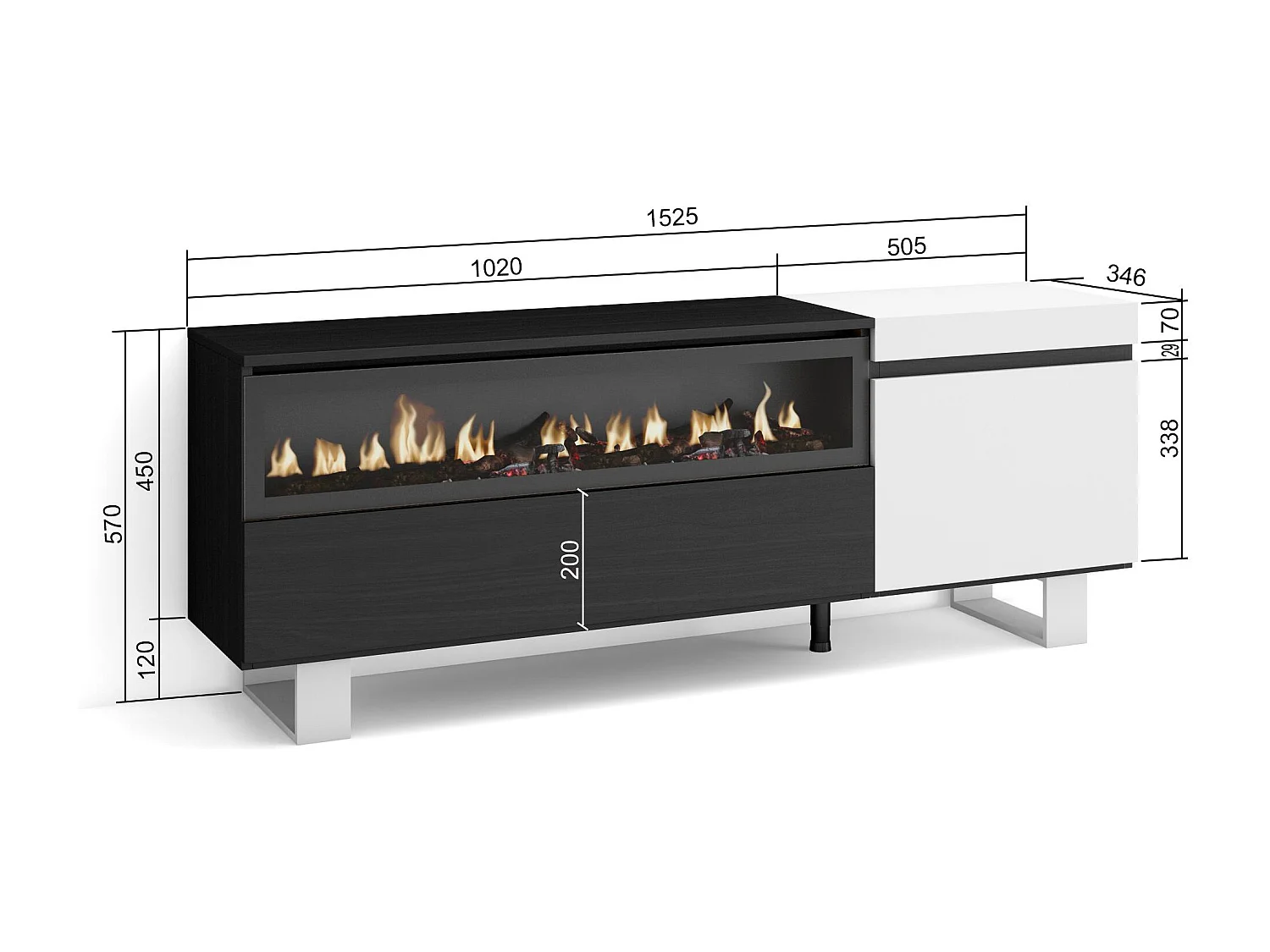 Meuble TV, Banc Télé, 150x35x57cm, Pour les TV jusqu'à 65", Cheminée électrique, Design industriel, Blanc et noir