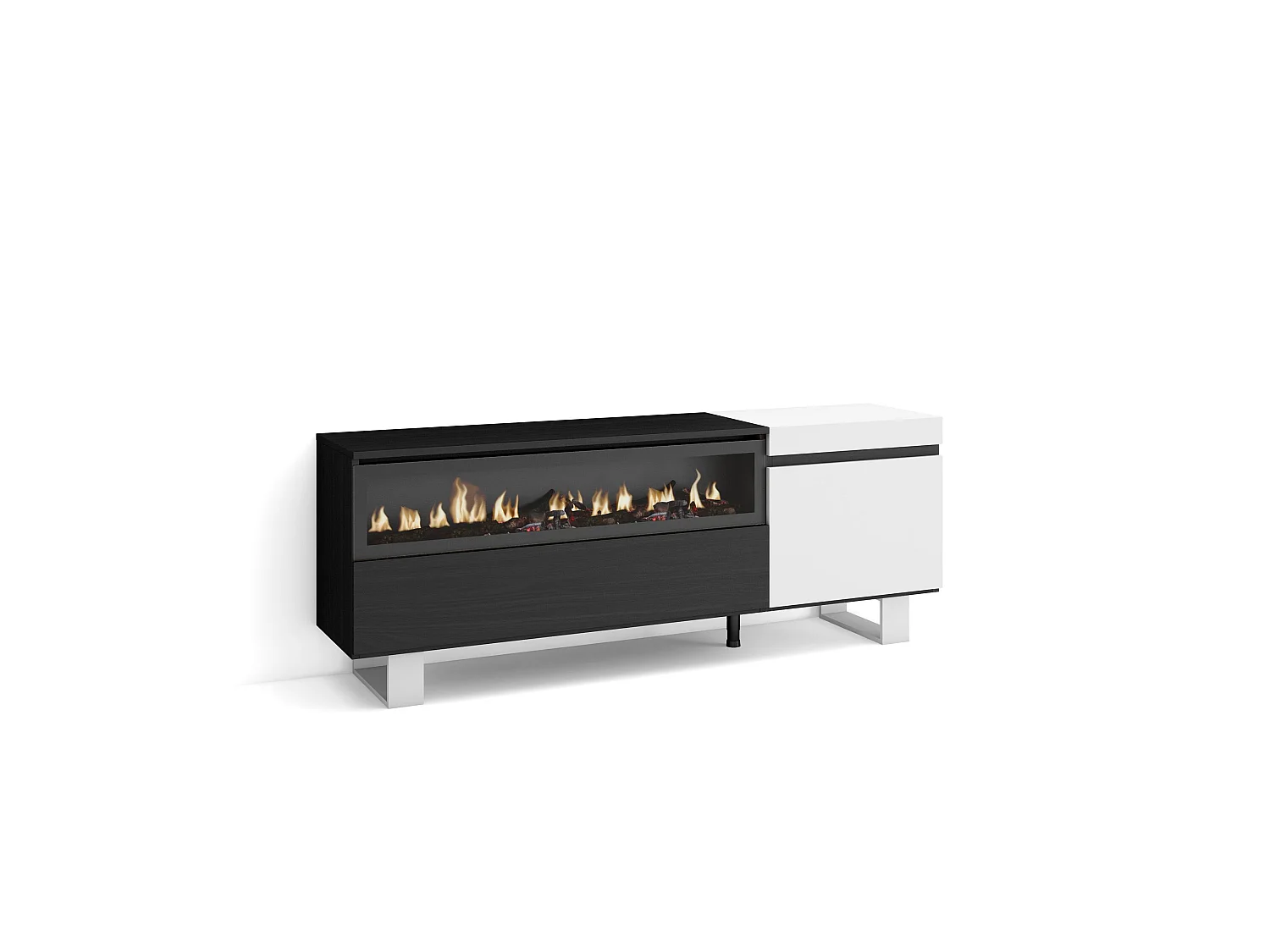 Meuble TV, Banc Télé, 150x35x57cm, Pour les TV jusqu'à 65", Cheminée électrique, Design industriel, Blanc et noir