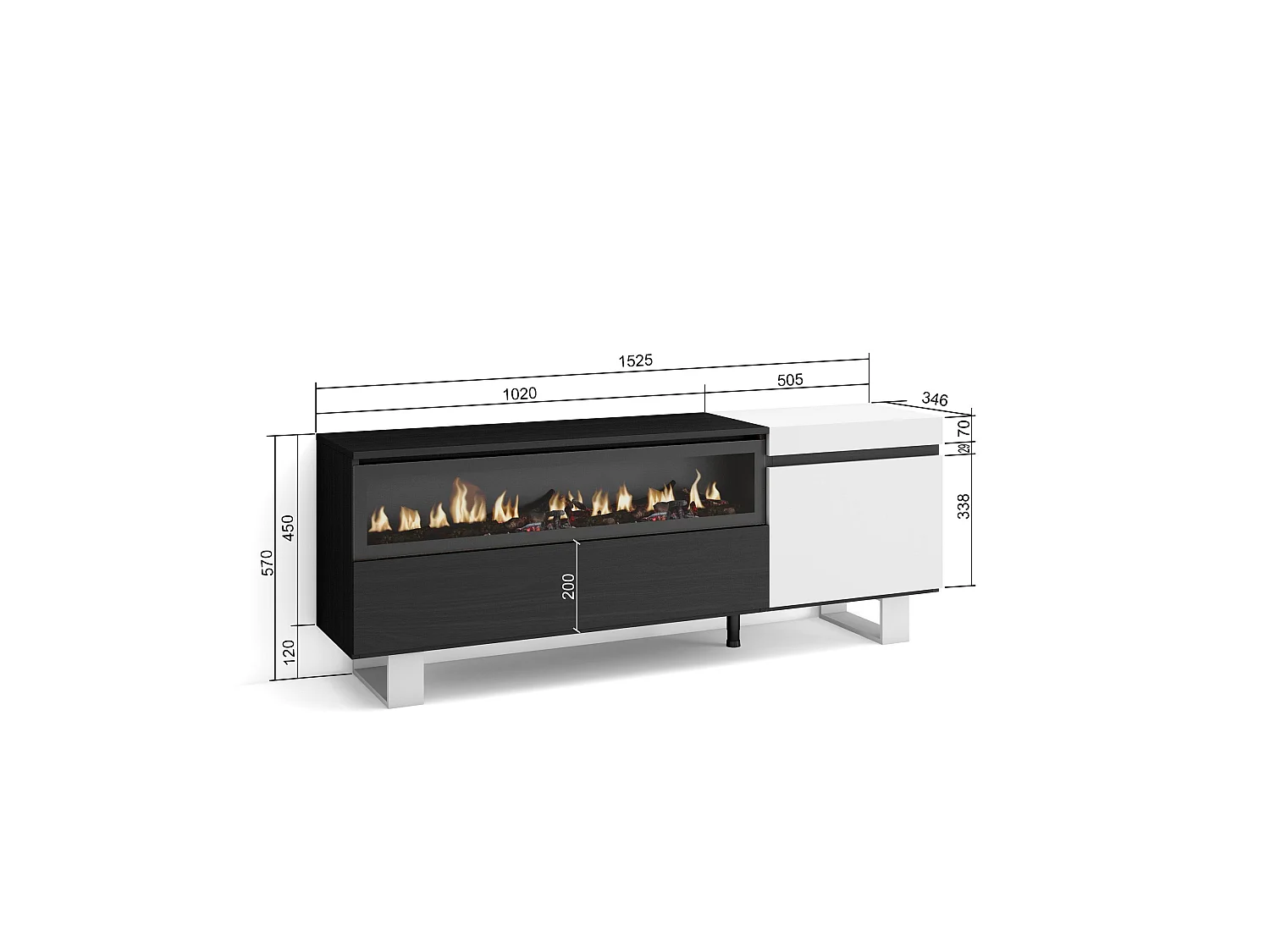 Meuble TV, Banc Télé, 150x35x57cm, Pour les TV jusqu'à 65", Cheminée électrique, Design industriel, Blanc et noir