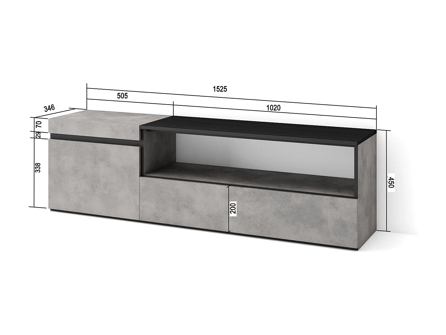 Meuble TV, Banc Télé, 150x35x45cm, Pour les TV jusqu'à 65", Meubles de salon, Ciment