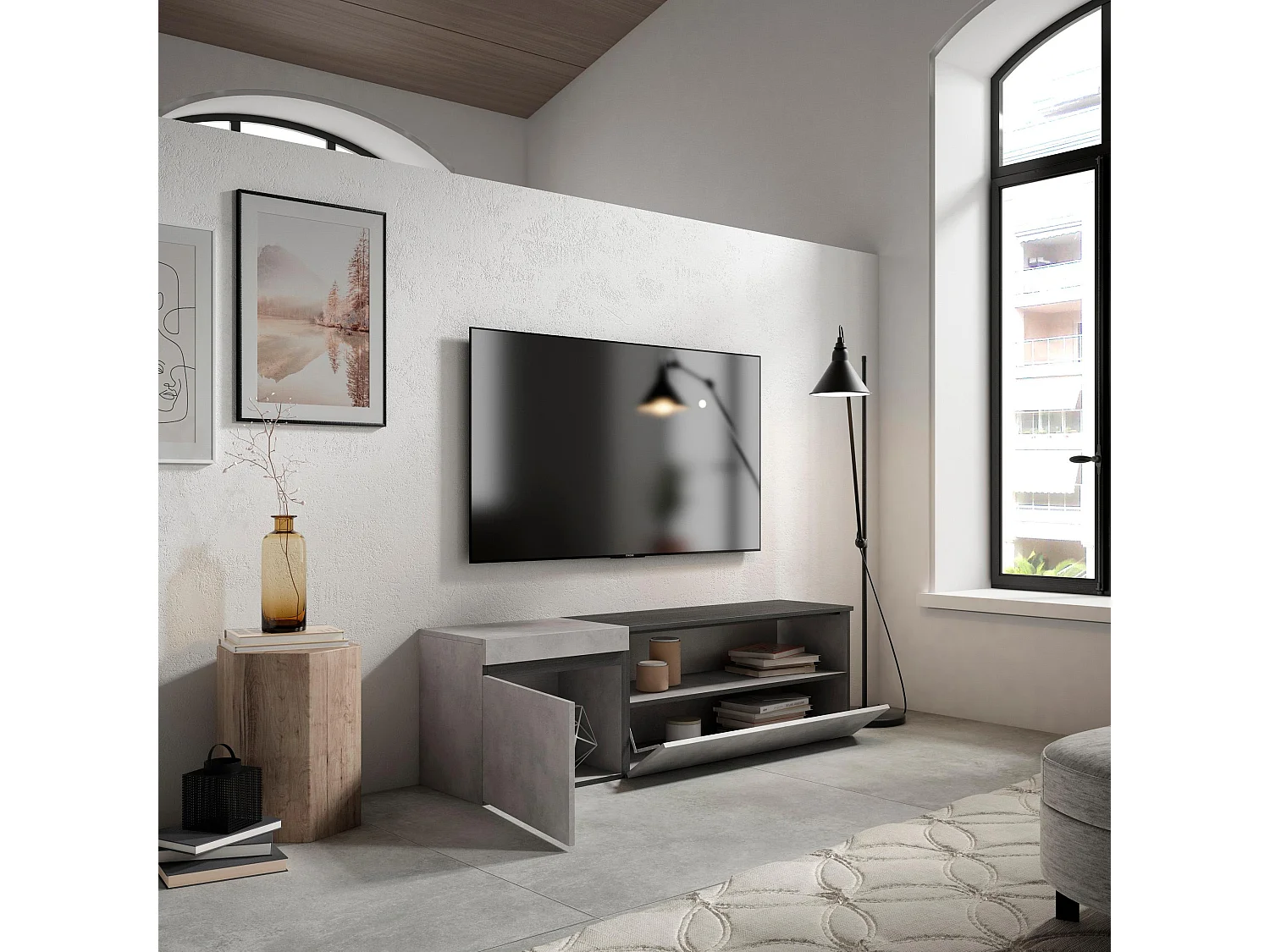 Meuble TV, Banc Télé, 150x35x45cm, Pour les TV jusqu'à 65", Meubles de salon, Ciment