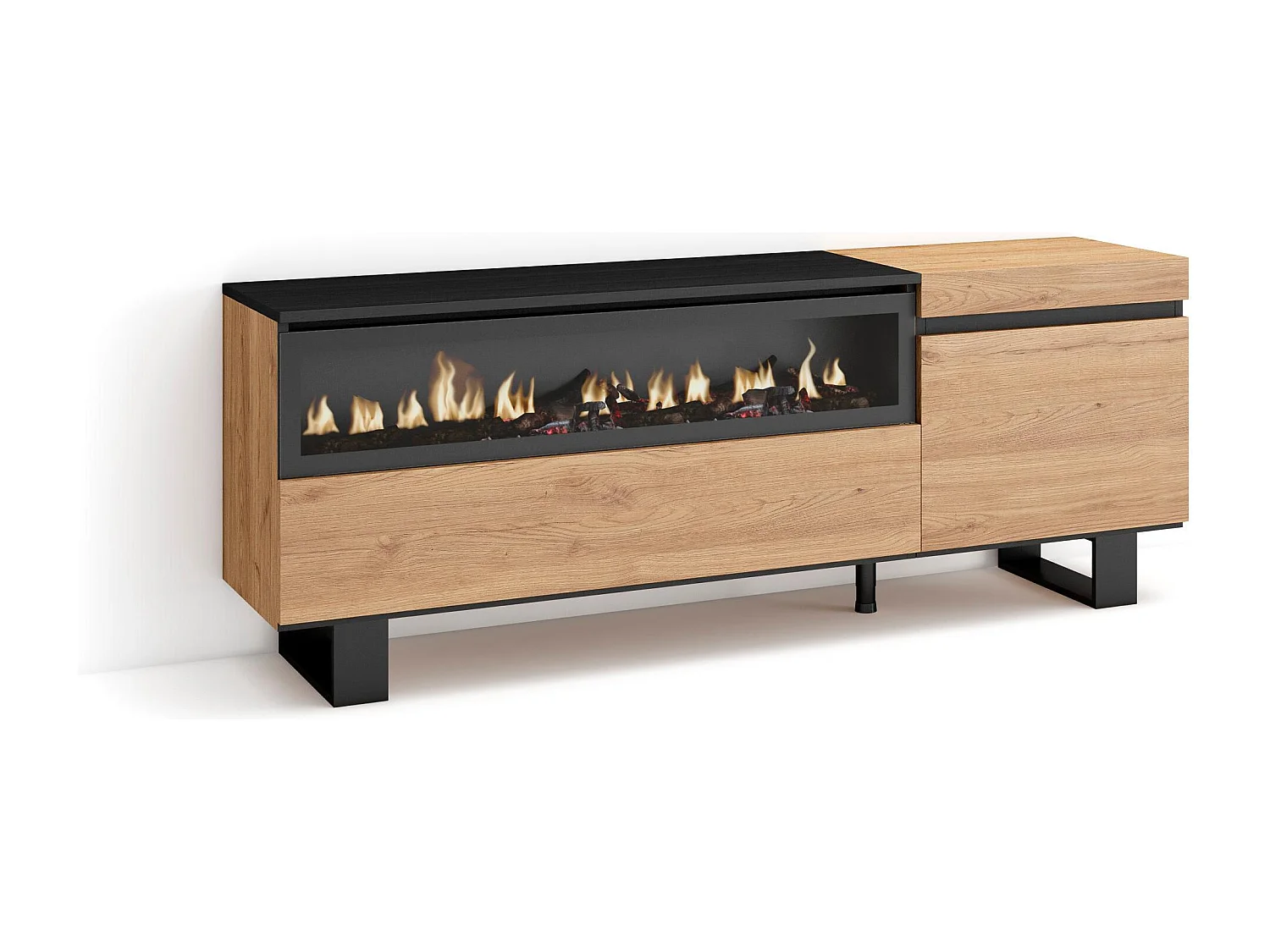 TV-Schrank, Lowboard, 150x35x57cm, Für TV-Geräte bis zu 65", Elektrokamin, Industriedesign, Eiche Schwarz