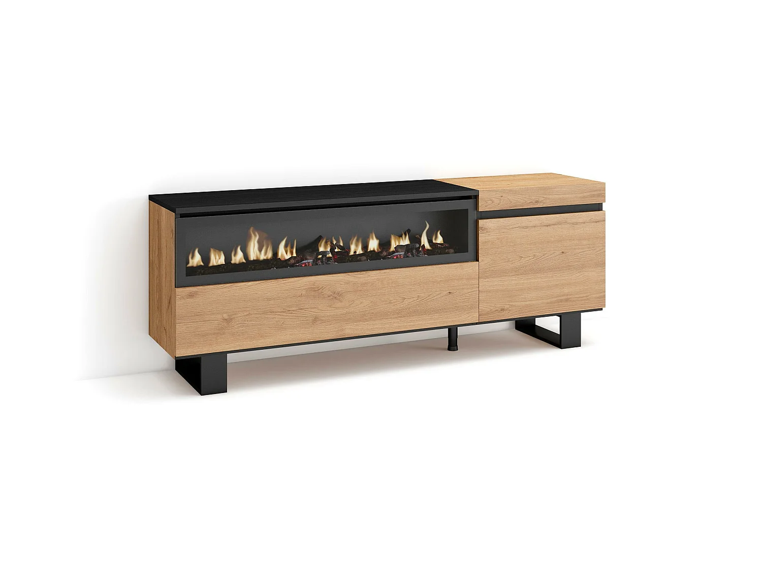 Meuble TV, Banc Télé, 150x35x57cm, Pour les TV jusqu'à 65", Cheminée électrique, Design industriel, Chêne et noir
