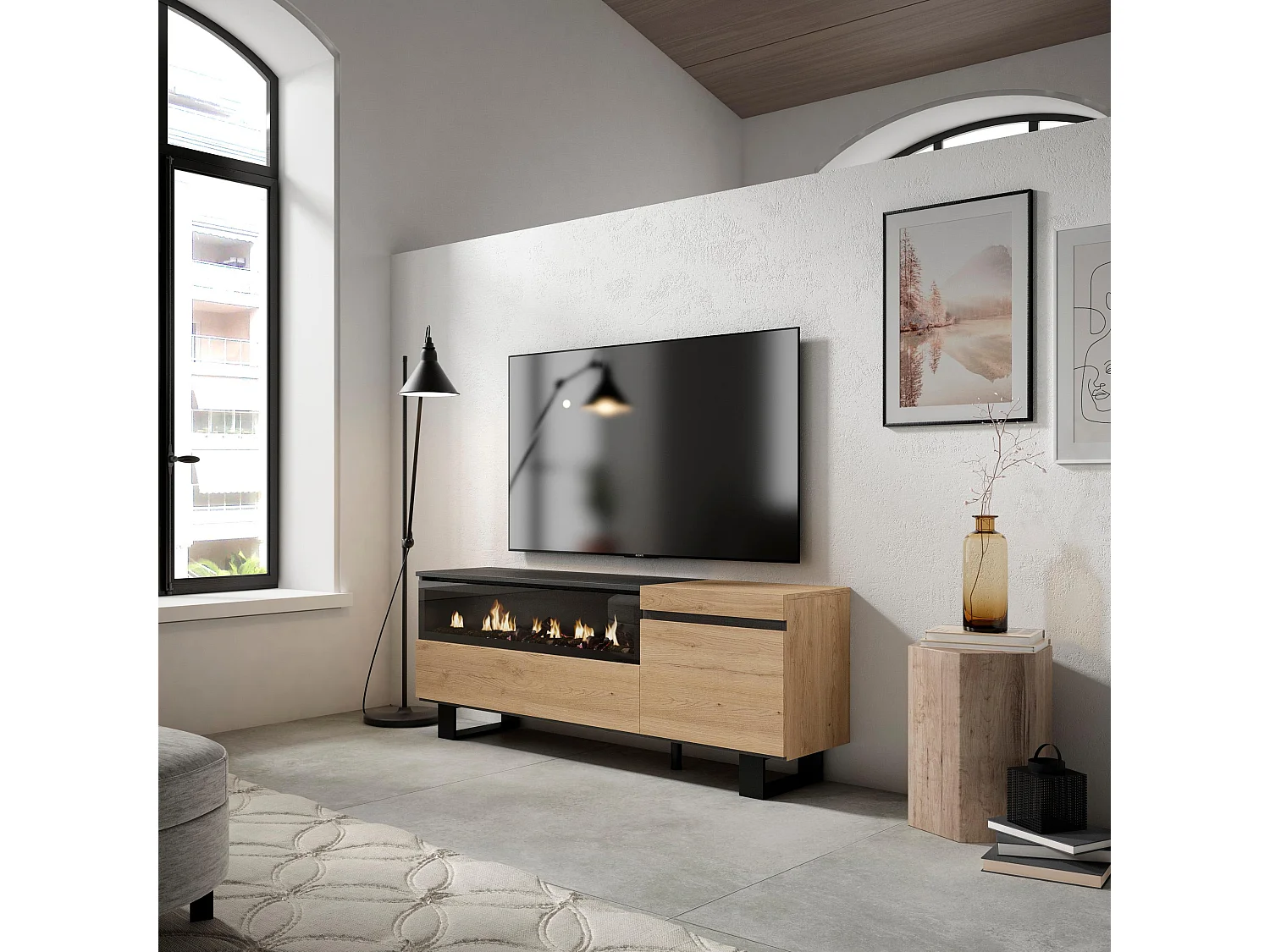 Meuble TV, Banc Télé, 150x35x57cm, Pour les TV jusqu'à 65", Cheminée électrique, Design industriel, Chêne et noir