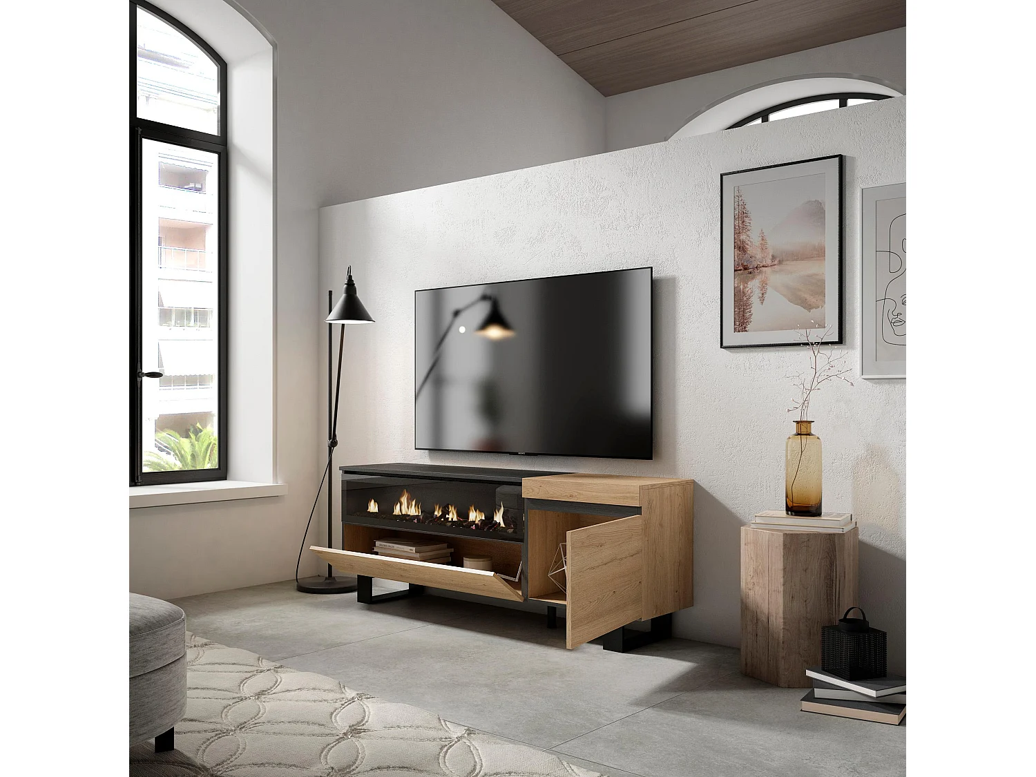 TV-Meubel, Lowboard, 150x35x57cm, Voor tv's tot 65", Elektrische haard, Industrieel design, Eiken/Zwart