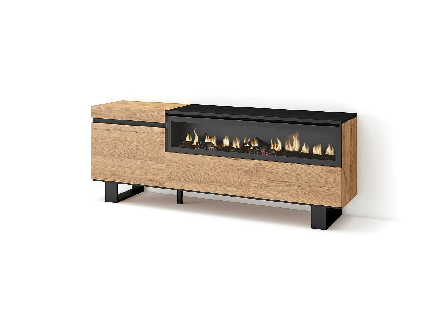 Meuble TV, Banc Télé, 150x35x57cm, Pour les TV jusqu'à 65", Cheminée électrique, Design industriel, Chêne et noir