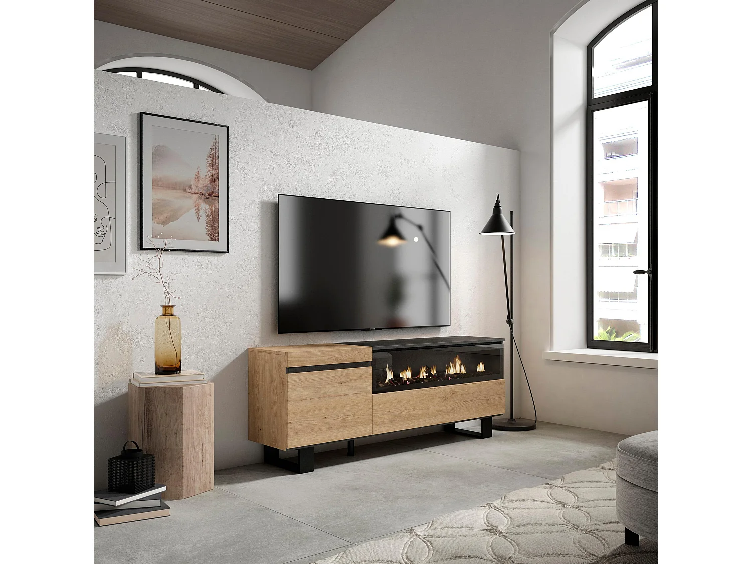 Meuble TV, Banc Télé, 150x35x57cm, Pour les TV jusqu'à 65", Cheminée électrique, Design industriel, Chêne et noir