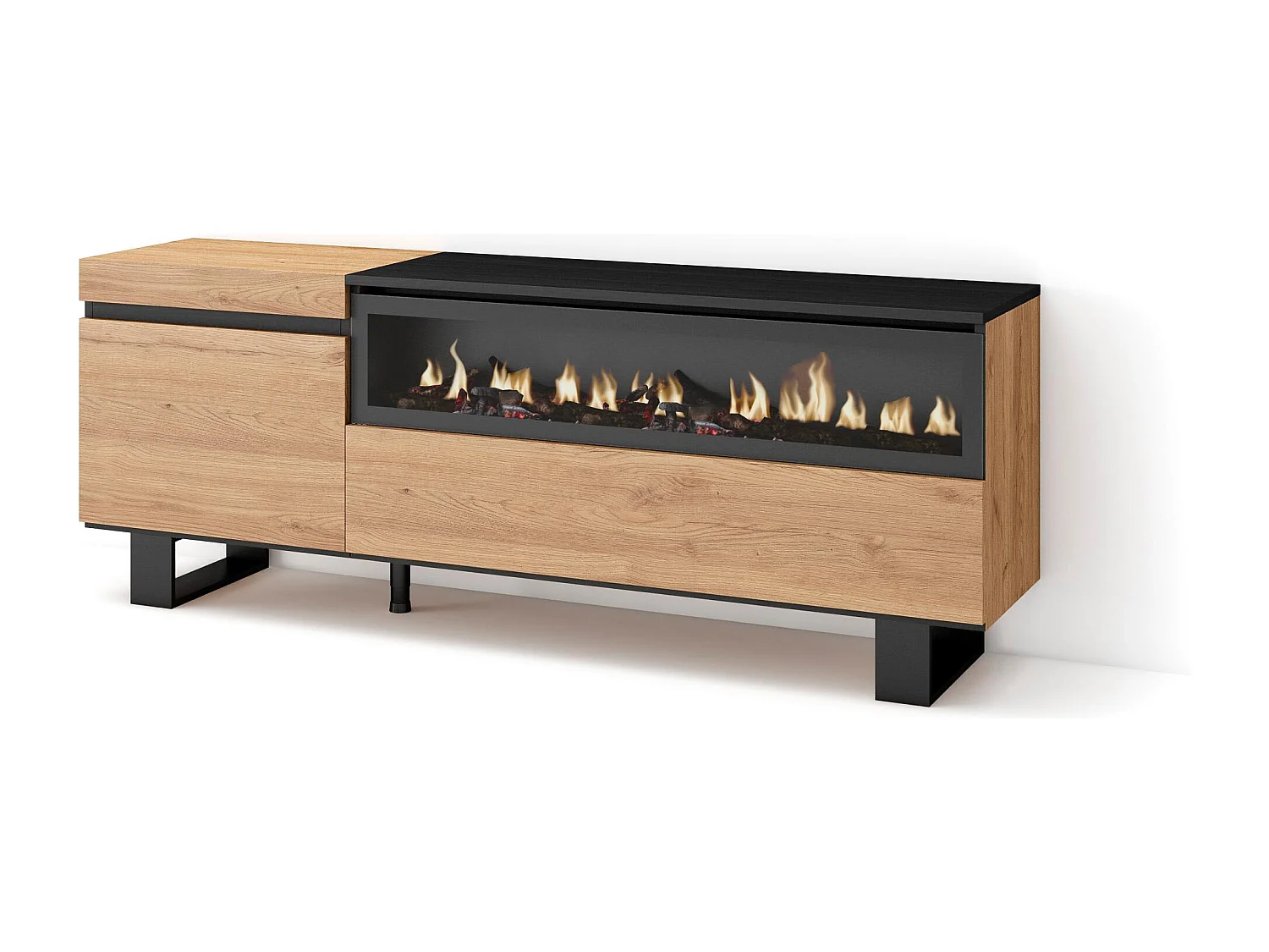 Meuble TV, Banc Télé, 150x35x57cm, Pour les TV jusqu'à 65", Cheminée électrique, Design industriel, Chêne et noir