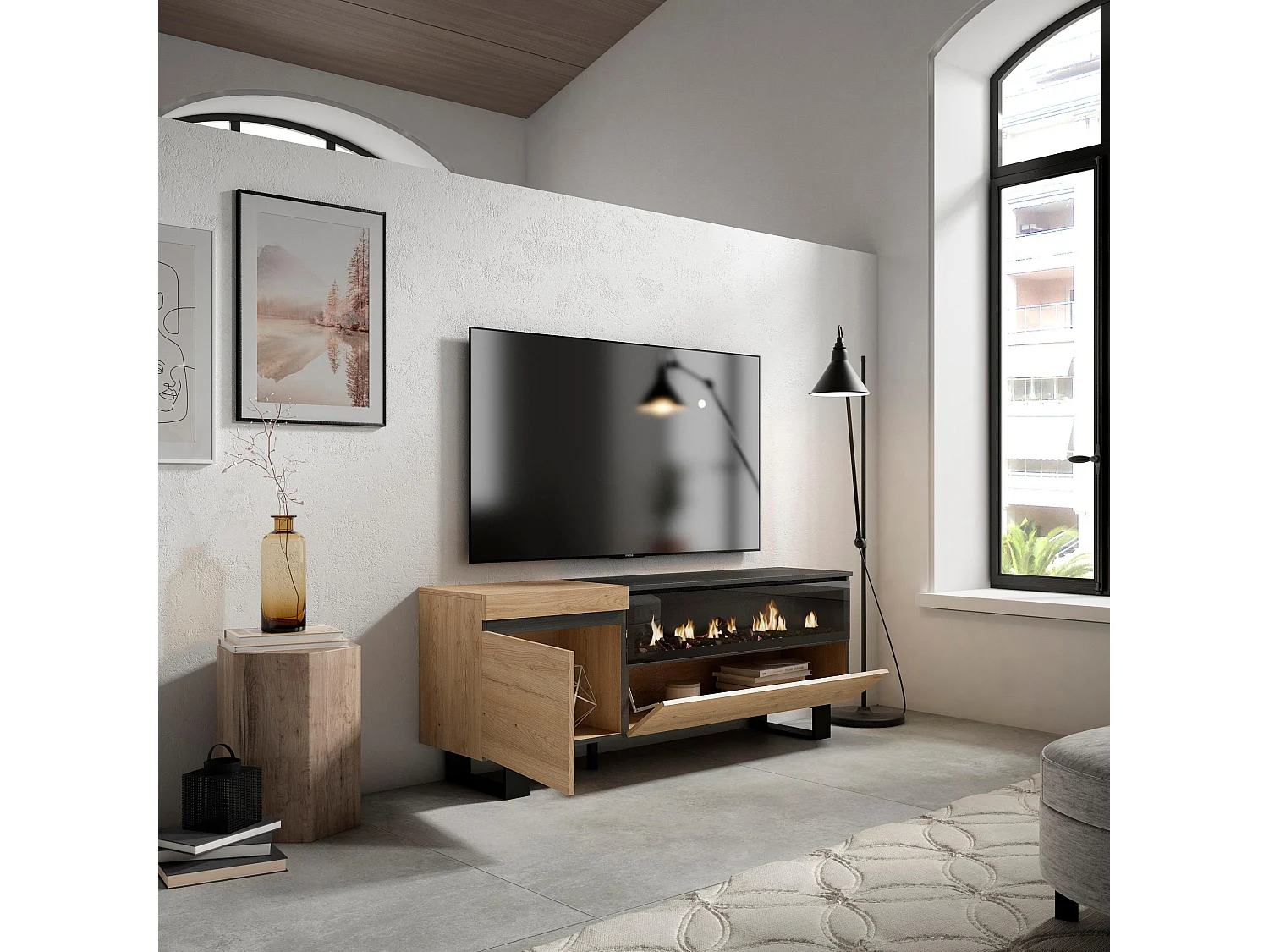 Meuble TV, Banc Télé, 150x35x57cm, Pour les TV jusqu'à 65", Cheminée électrique, Design industriel, Chêne et noir