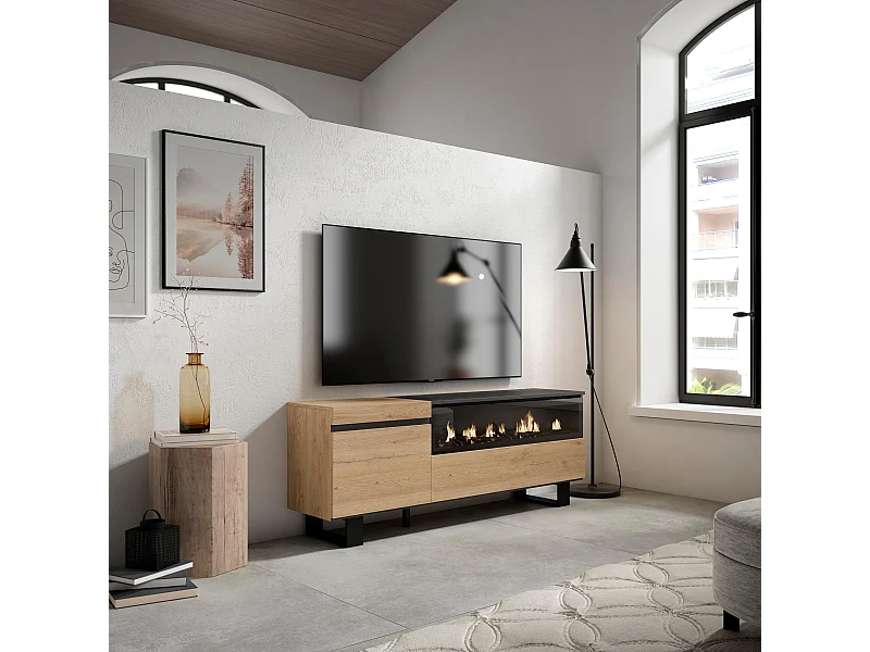 Meuble TV, Banc Télé, 150x35x57cm, Pour les TV jusqu'à 65", Cheminée électrique, Design industriel, Chêne et noir
