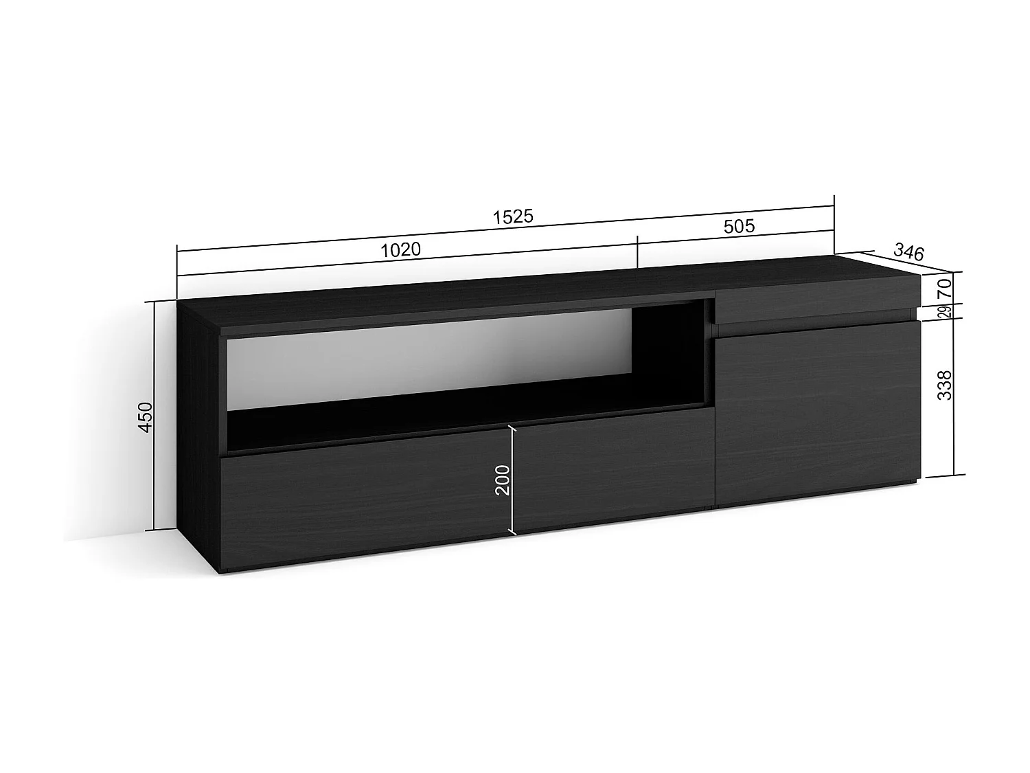 Meuble TV, Banc Télé, 150x35x45cm, Pour les TV jusqu'à 65", Meubles de salon, Noir