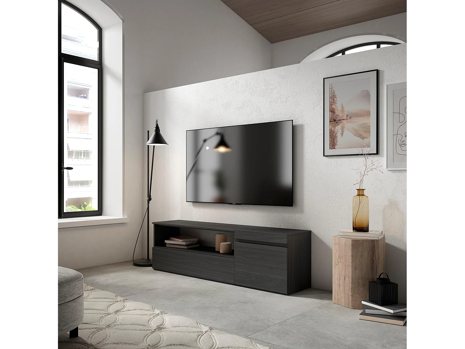 Mueble TV, Televisión, 150x35x45cm, Para TV hasta 65", Con almacenamiento, Negro
