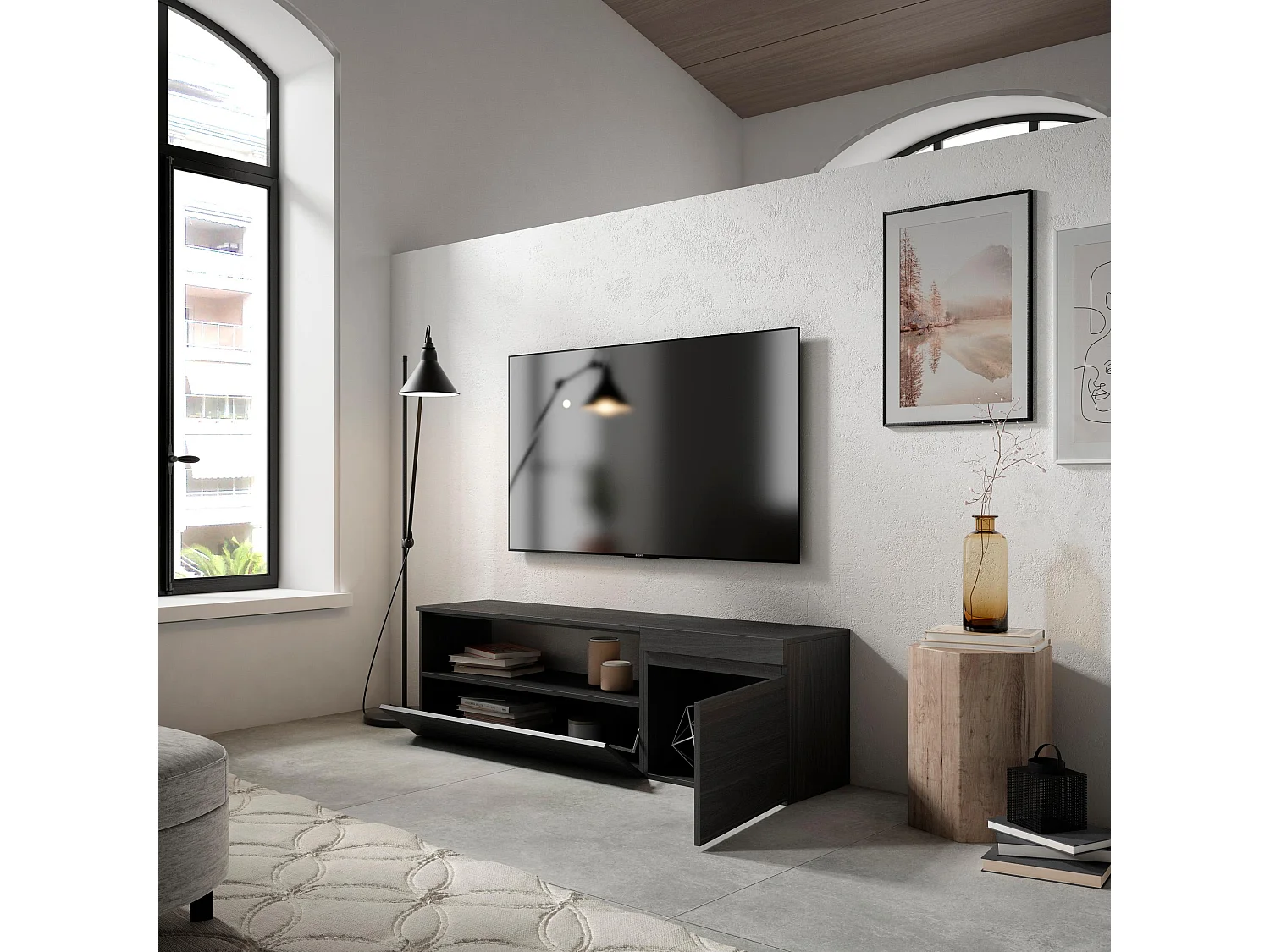 Mueble TV, Televisión, 150x35x45cm, Para TV hasta 65", Con almacenamiento, Negro