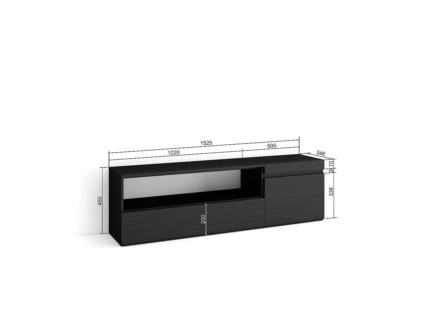 Mueble TV, Televisión, 150x35x45cm, Para TV hasta 65", Con almacenamiento, Negro