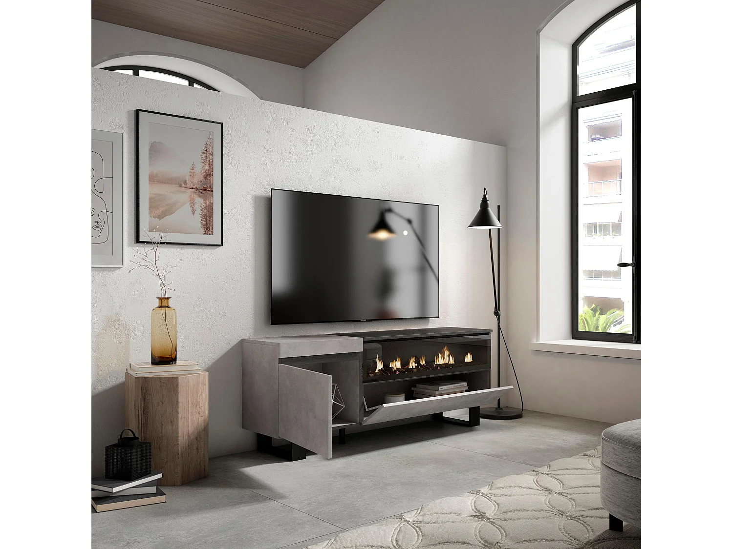 Mobile TV Soggiorno, 150x35x57cm, Per TV fino a 65", Camino elettrico, Design industriale, Cemento