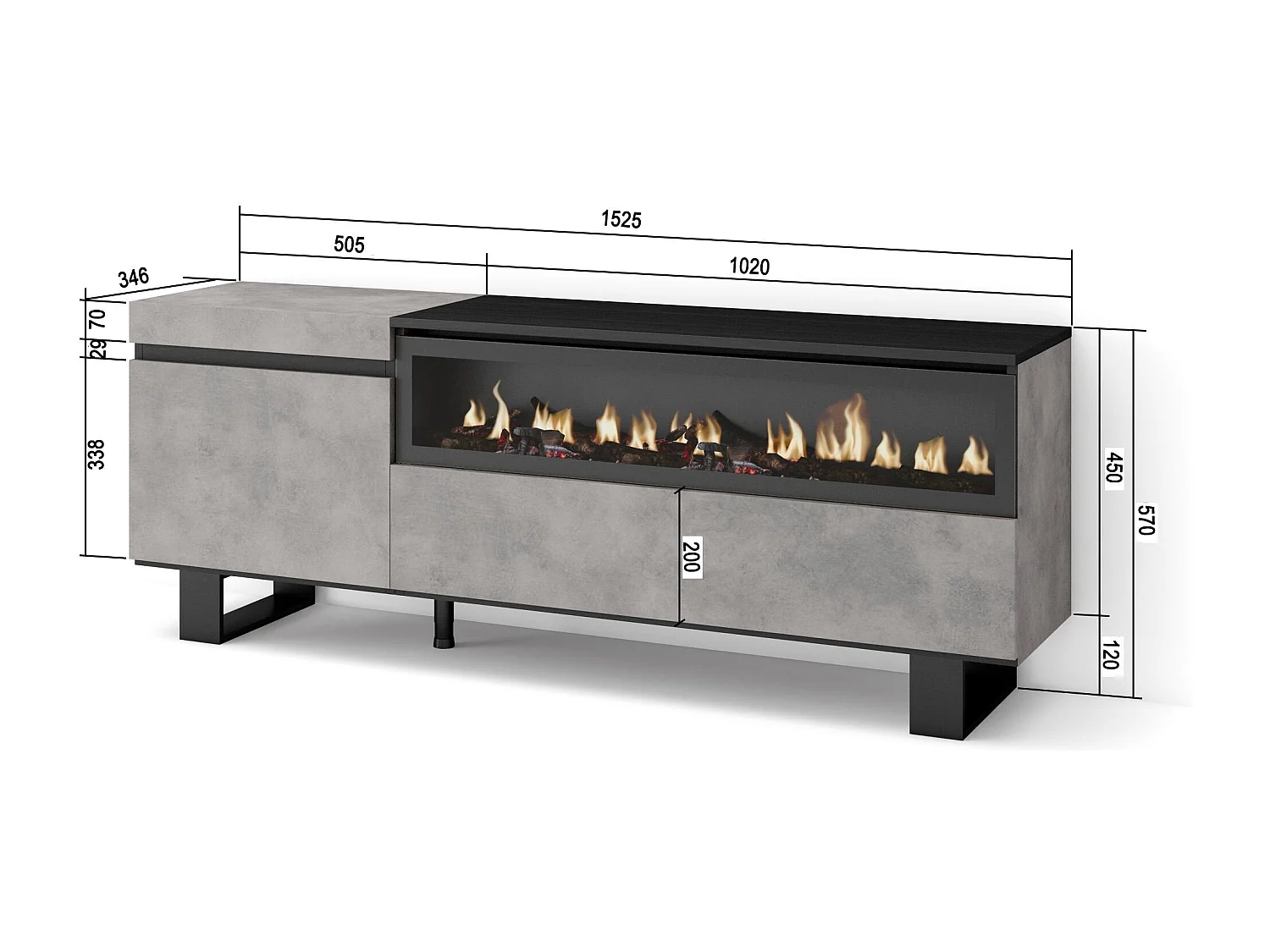 Mobile TV Soggiorno, 150x35x57cm, Per TV fino a 65", Camino elettrico, Design industriale, Cemento