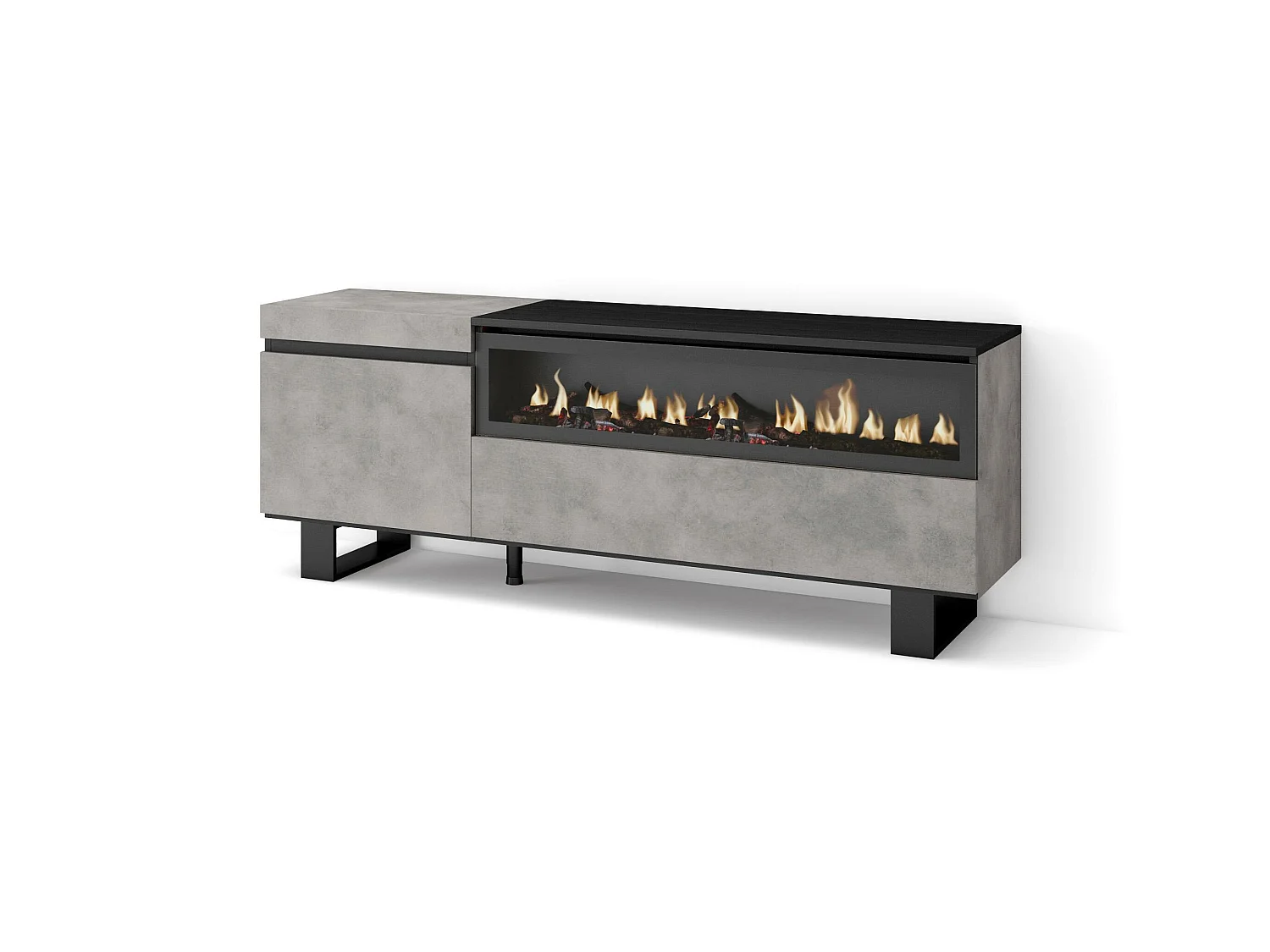 Meuble TV, Banc Télé, 150x35x57cm, Pour les TV jusqu'à 65", Cheminée électrique, Design industriel, Ciment