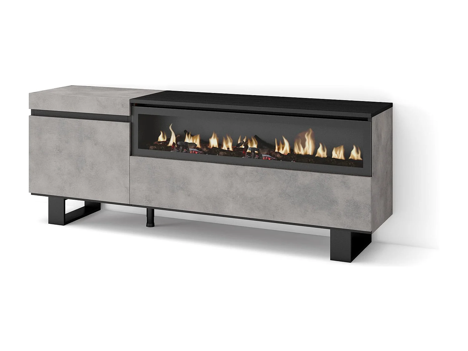 Meuble TV, Banc Télé, 150x35x57cm, Pour les TV jusqu'à 65", Cheminée électrique, Design industriel, Ciment