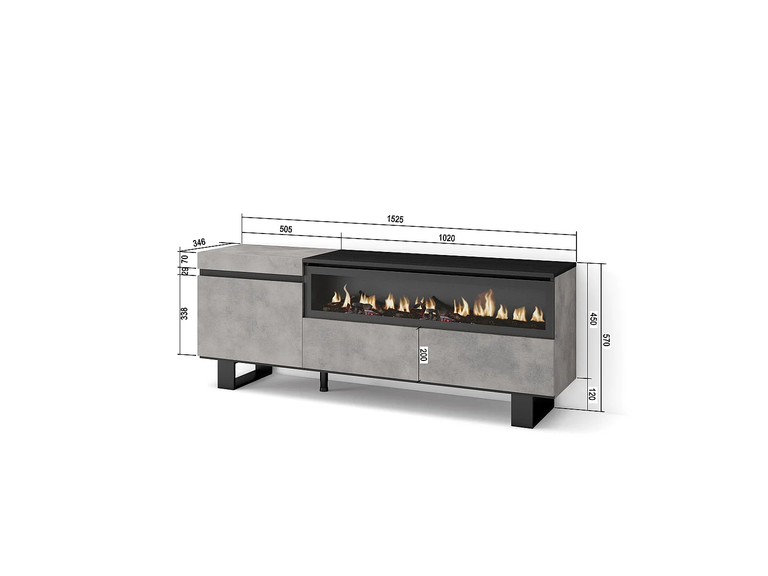 Mueble TV, Televisión, 150x35x57cm, Para TV hasta 65", Chimenea eléctrica, Diseño industrial, Cemento