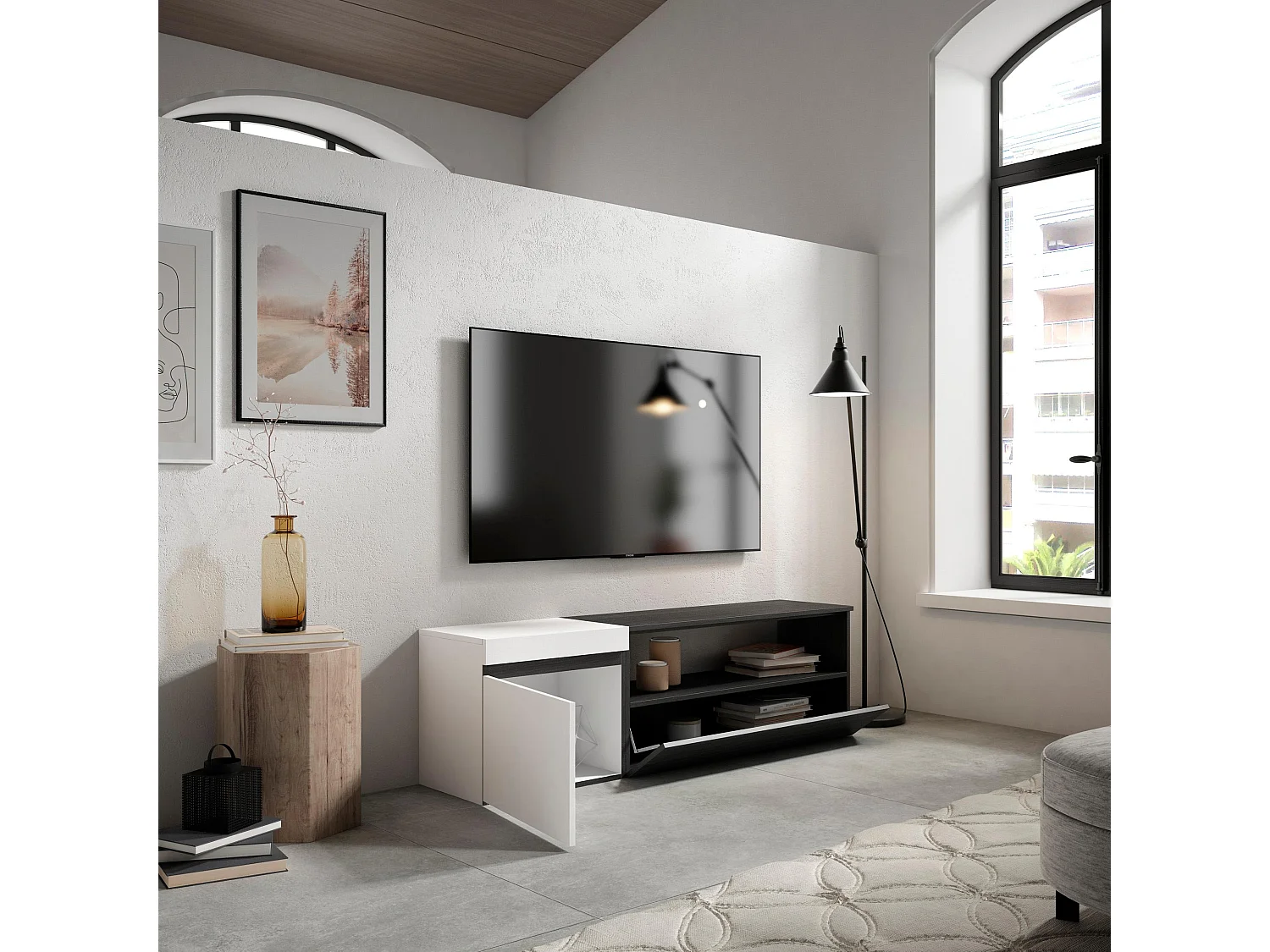Meuble TV, Banc Télé, 150x35x45cm, Pour les TV jusqu'à 65", Meubles de salon, Blanc et noir