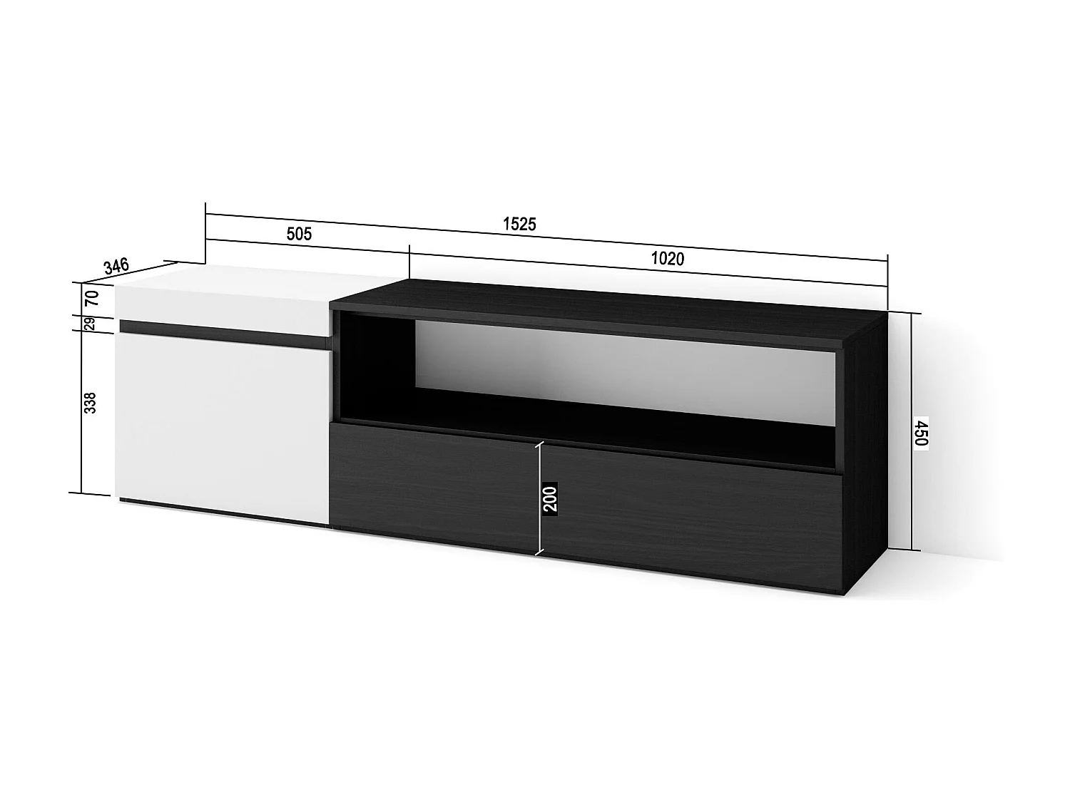 Meuble TV, Banc Télé, 150x35x45cm, Pour les TV jusqu'à 65", Meubles de salon, Blanc et noir