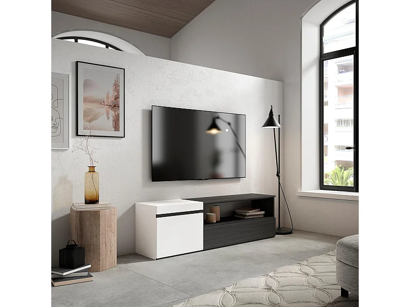 Meuble TV, Banc Télé, 150x35x45cm, Pour les TV jusqu'à 65", Meubles de salon, Blanc et noir