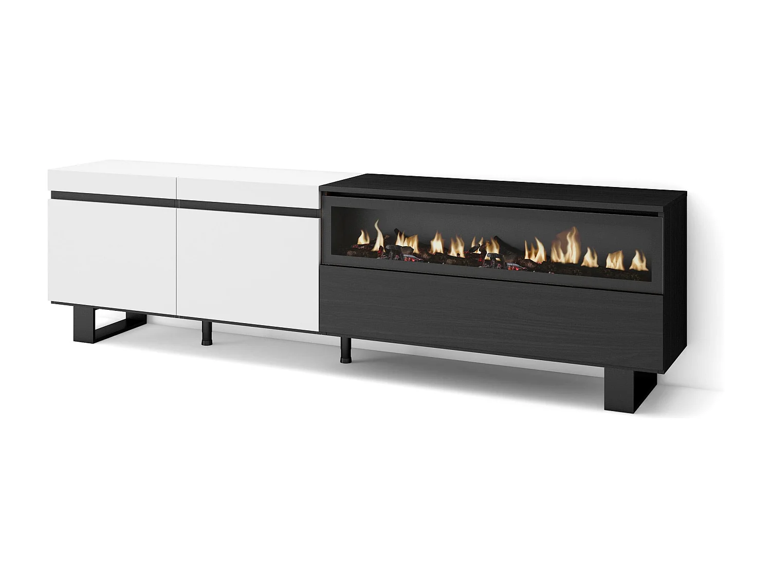 TV-Meubel, Lowboard, 200x35x57cm, Voor tv's tot 80", Elektrische haard, Industrieel design, Wit en Zwart